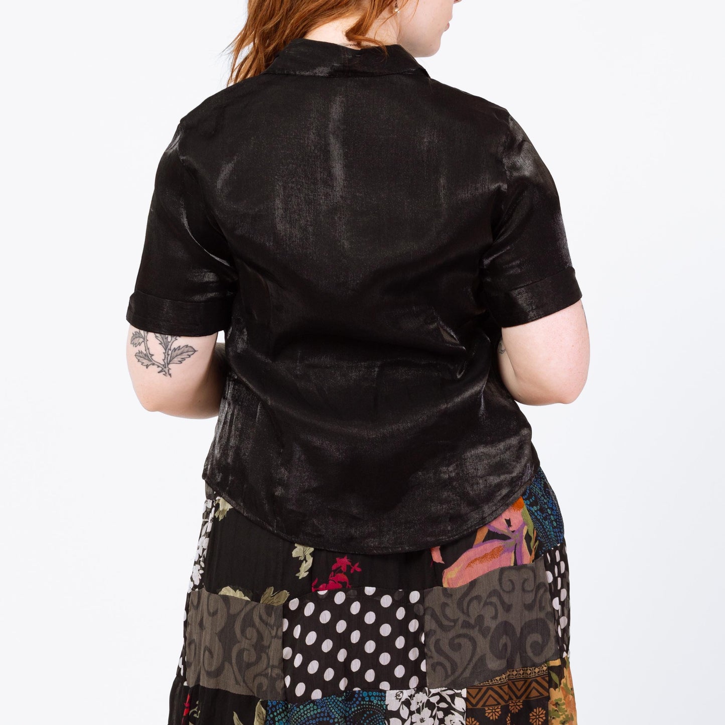 Vintage 90s Black Wet Look Button Up Shirt - Large | Gothic Short Sleeve Dagger Collar Blouse