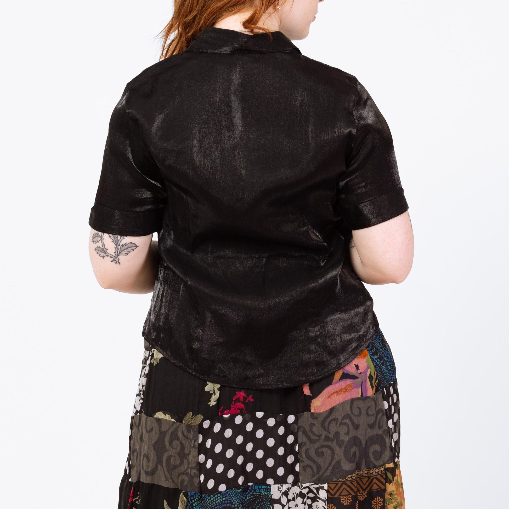 Vintage 90s Black Wet Look Button Up Shirt - Large | Gothic Short Sleeve Dagger Collar Blouse