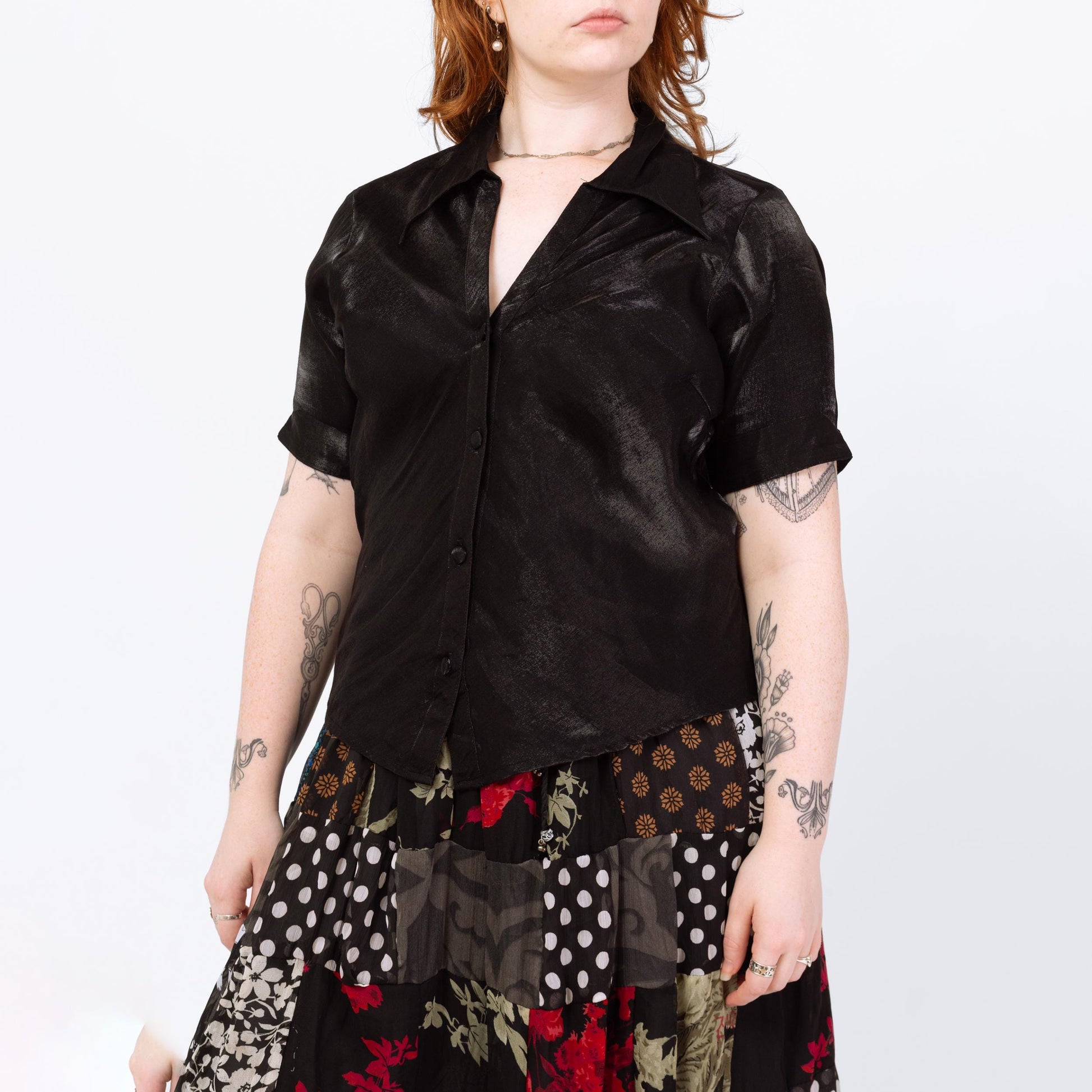 Vintage 90s Black Wet Look Button Up Shirt - Large | Gothic Short Sleeve Dagger Collar Blouse