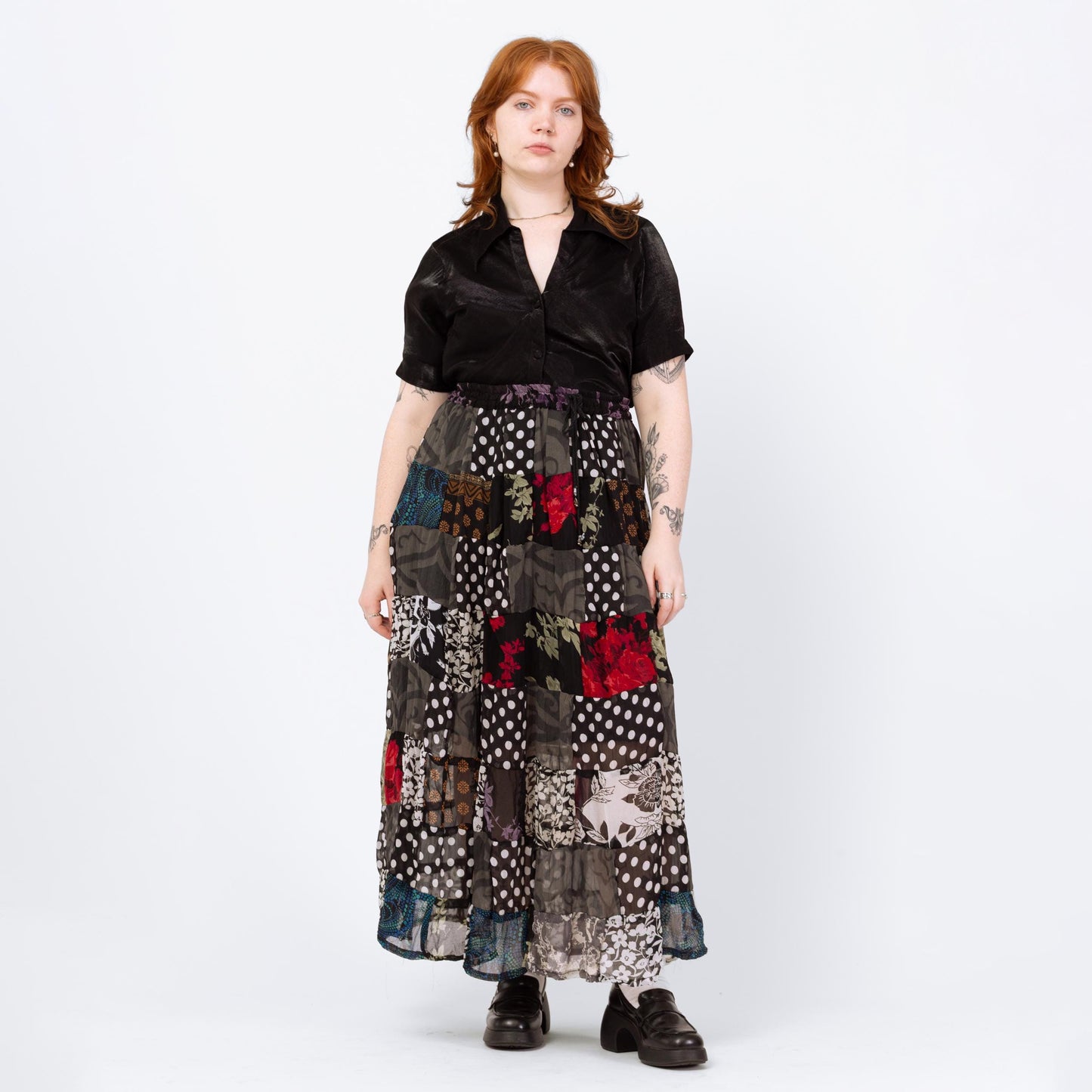 Vintage 90s Witchy Patchwork Broomstick Skirt - 1X | Whimsigoth Black Red Drawstring Waist Festival Maxi Skirt