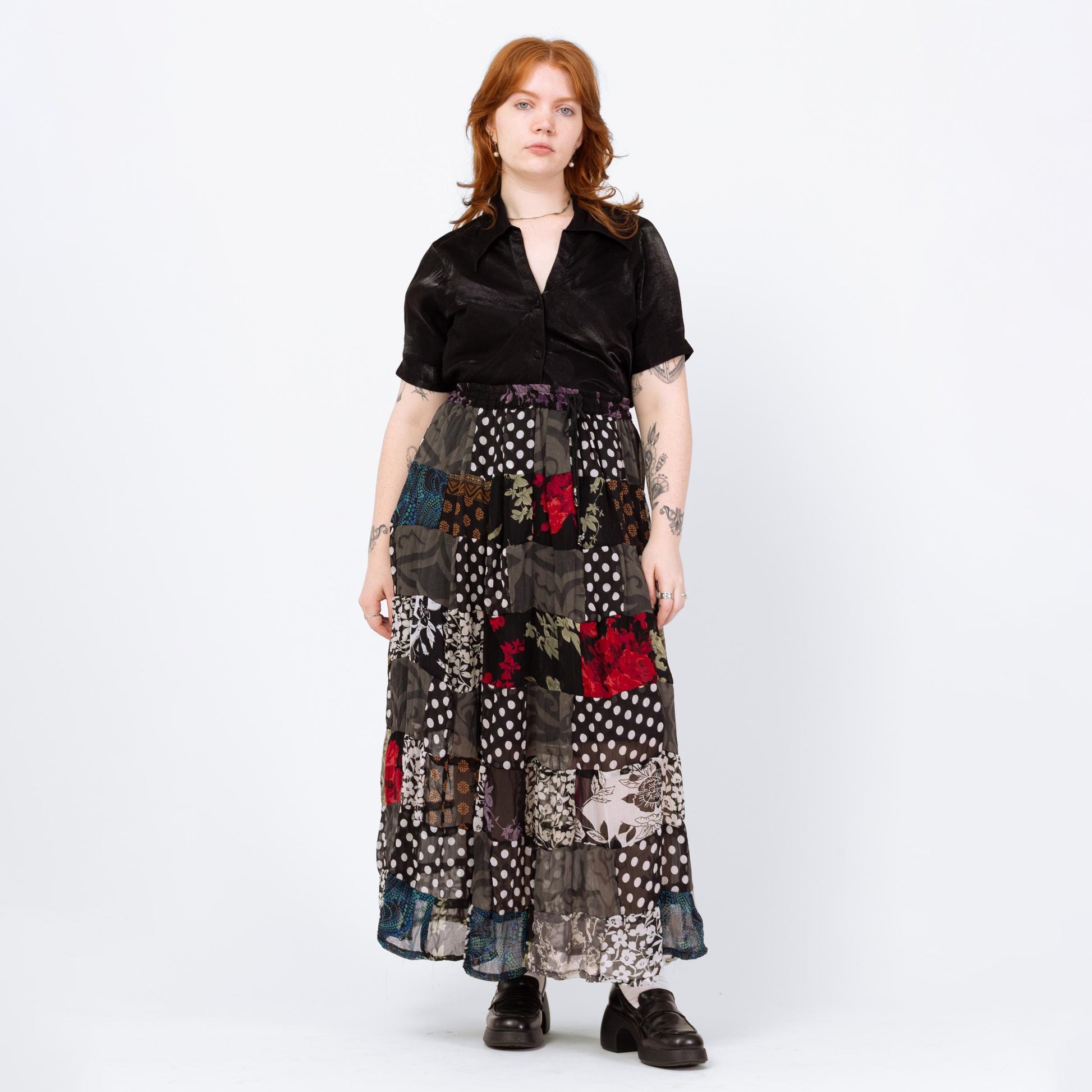 Vintage 90s Witchy Patchwork Broomstick Skirt - 1X | Whimsigoth Black Red Drawstring Waist Festival Maxi Skirt