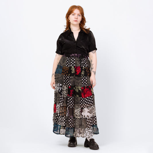 Vintage 90s Witchy Patchwork Broomstick Skirt - 1X | Whimsigoth Black Red Drawstring Waist Festival Maxi Skirt