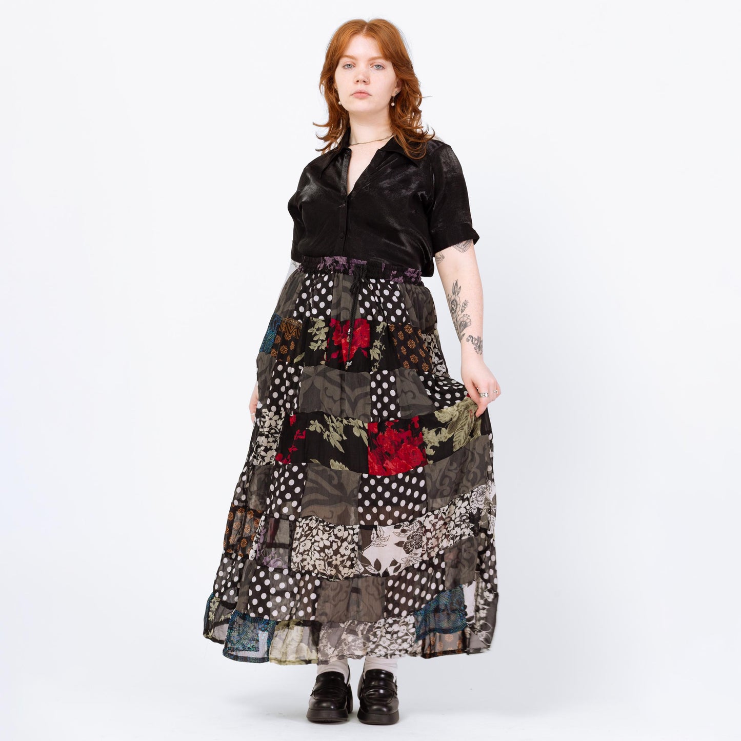 Vintage 90s Witchy Patchwork Broomstick Skirt - 1X | Whimsigoth Black Red Drawstring Waist Festival Maxi Skirt