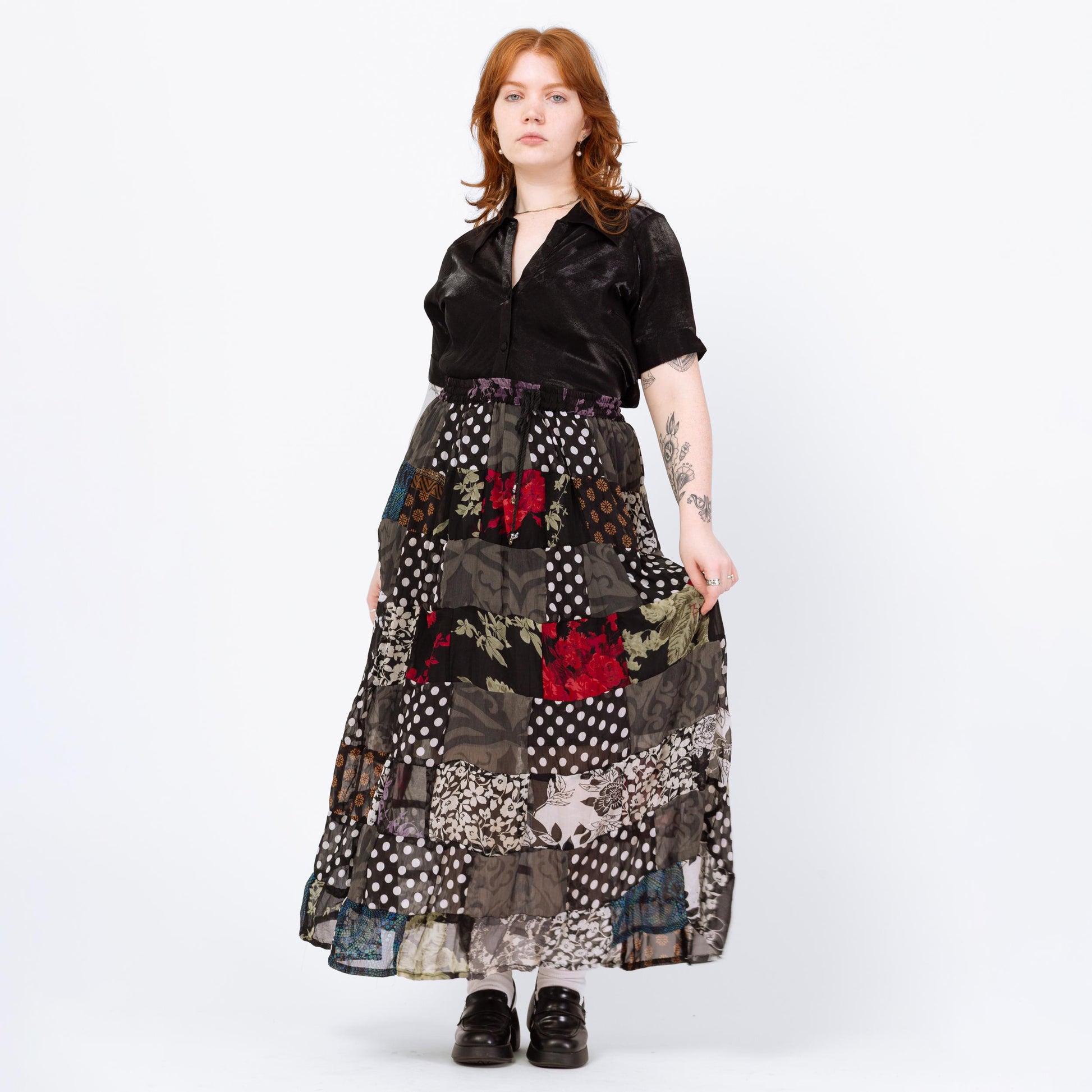 Vintage 90s Witchy Patchwork Broomstick Skirt - 1X | Whimsigoth Black Red Drawstring Waist Festival Maxi Skirt