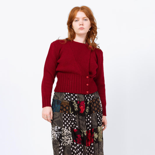 Vintage 90s Red Cropped Folk Wrap Sweater - Medium | Puff Sleeve Wool Knit Trachten Cardigan