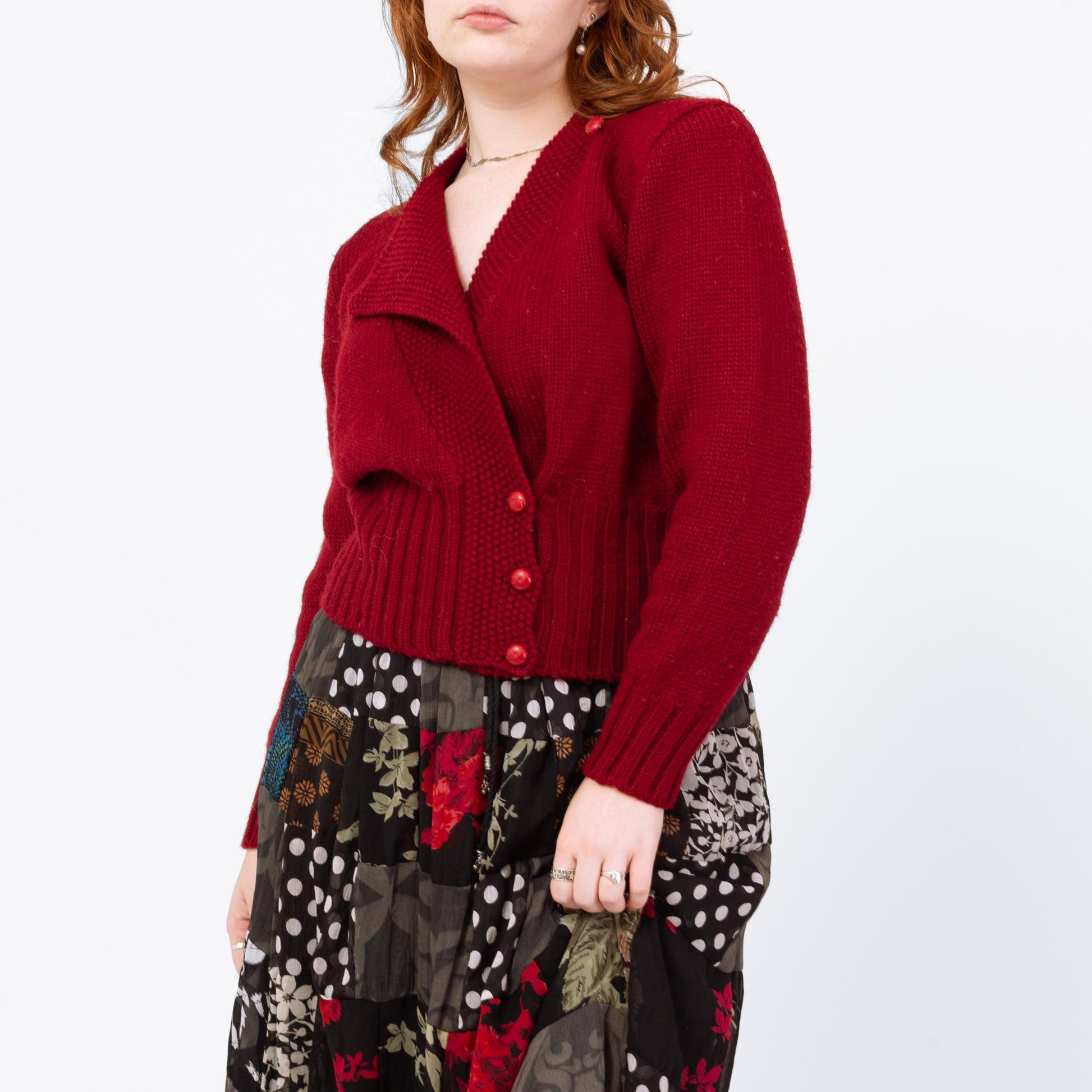 Vintage 90s Red Cropped Folk Wrap Sweater - Medium | Puff Sleeve Wool Knit Trachten Cardigan