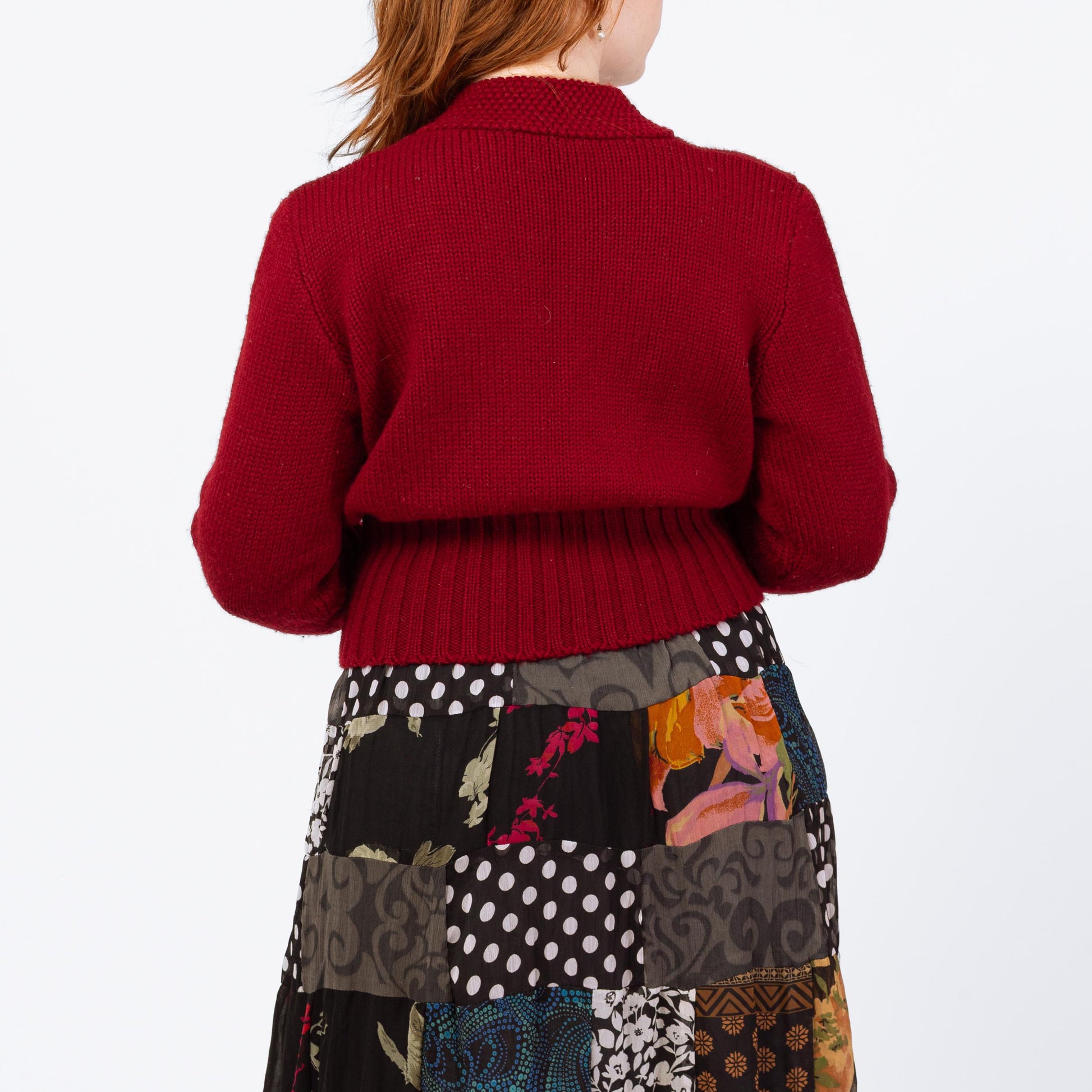 Vintage 90s Red Cropped Folk Wrap Sweater - Medium | Puff Sleeve Wool Knit Trachten Cardigan