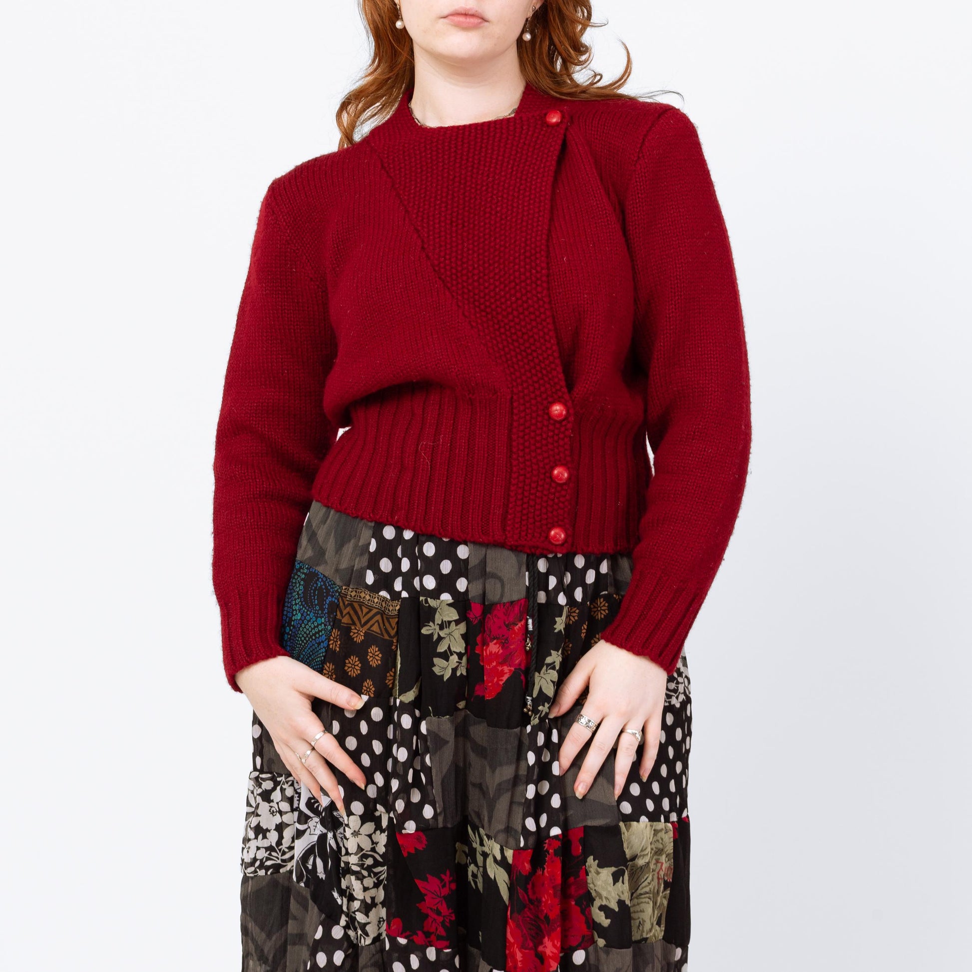 Vintage 90s Red Cropped Folk Wrap Sweater - Medium | Puff Sleeve Wool Knit Trachten Cardigan
