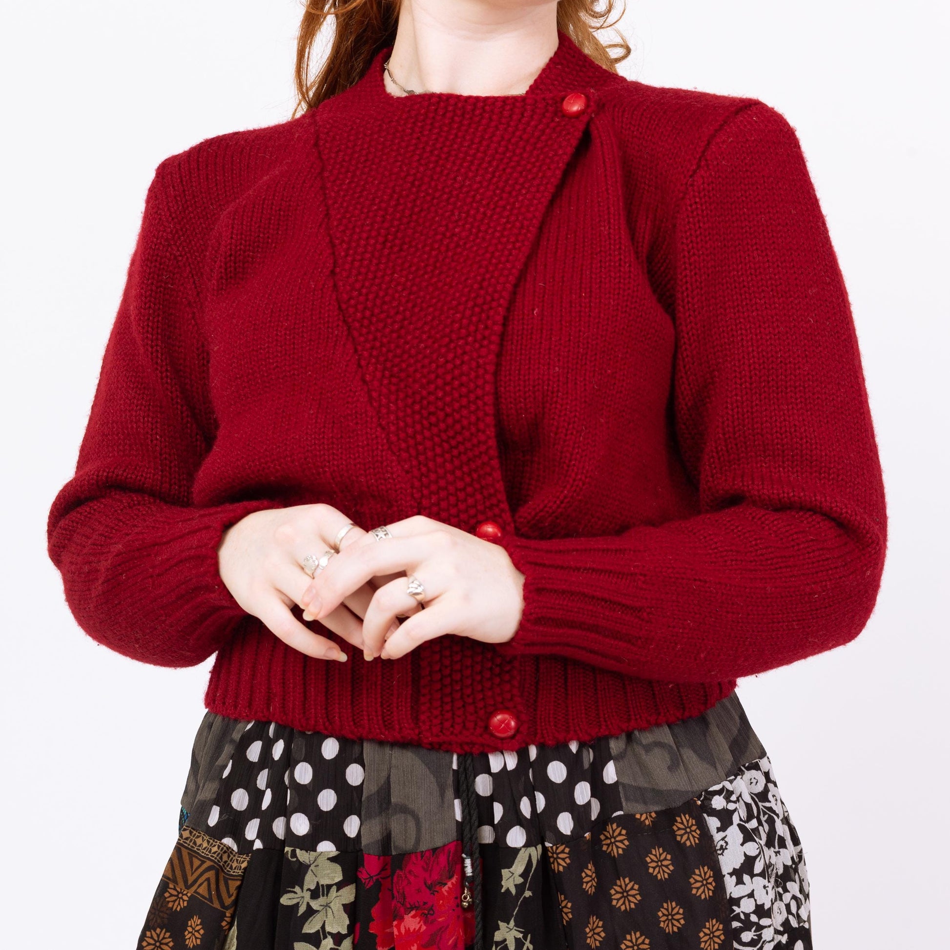 Vintage 90s Red Cropped Folk Wrap Sweater - Medium | Puff Sleeve Wool Knit Trachten Cardigan