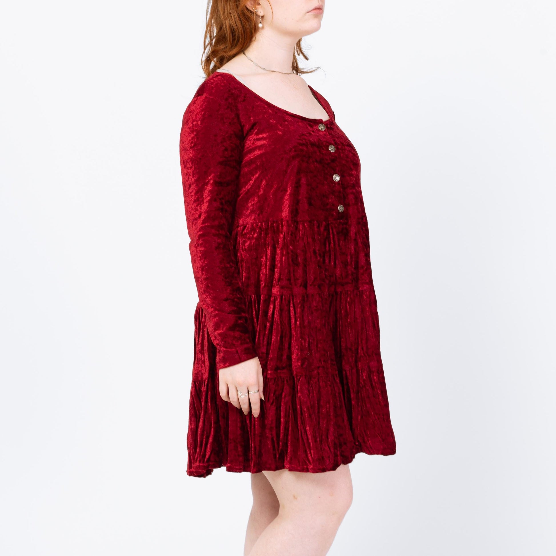 Vintage 90s Red Crushed Velvet Babydoll Mini Dress - Medium | Whimsigoth Dress, Long Sleeve Button Up Grunge Dress