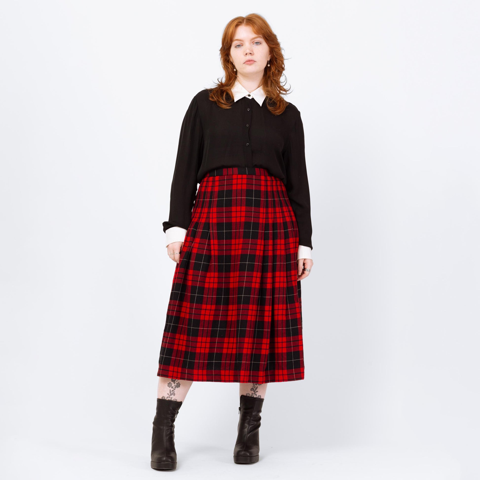 Vintage 90s Pendleton Red Black Plaid Schoolgirl Midi Skirt