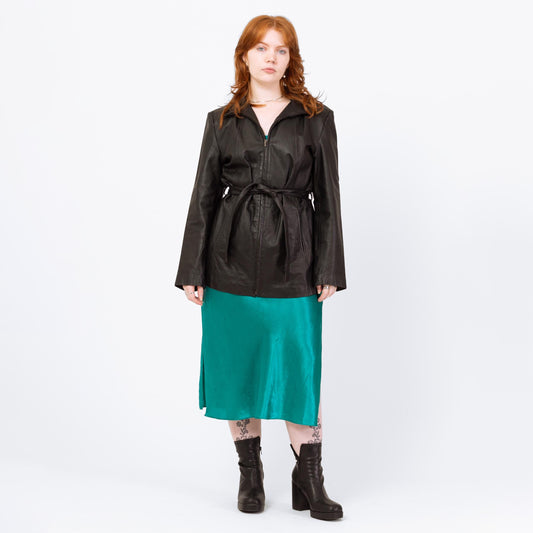 Vintage Y2K Black Leather Belted Moto Jacket - Large | Minimalist Zip Up Collared Coat