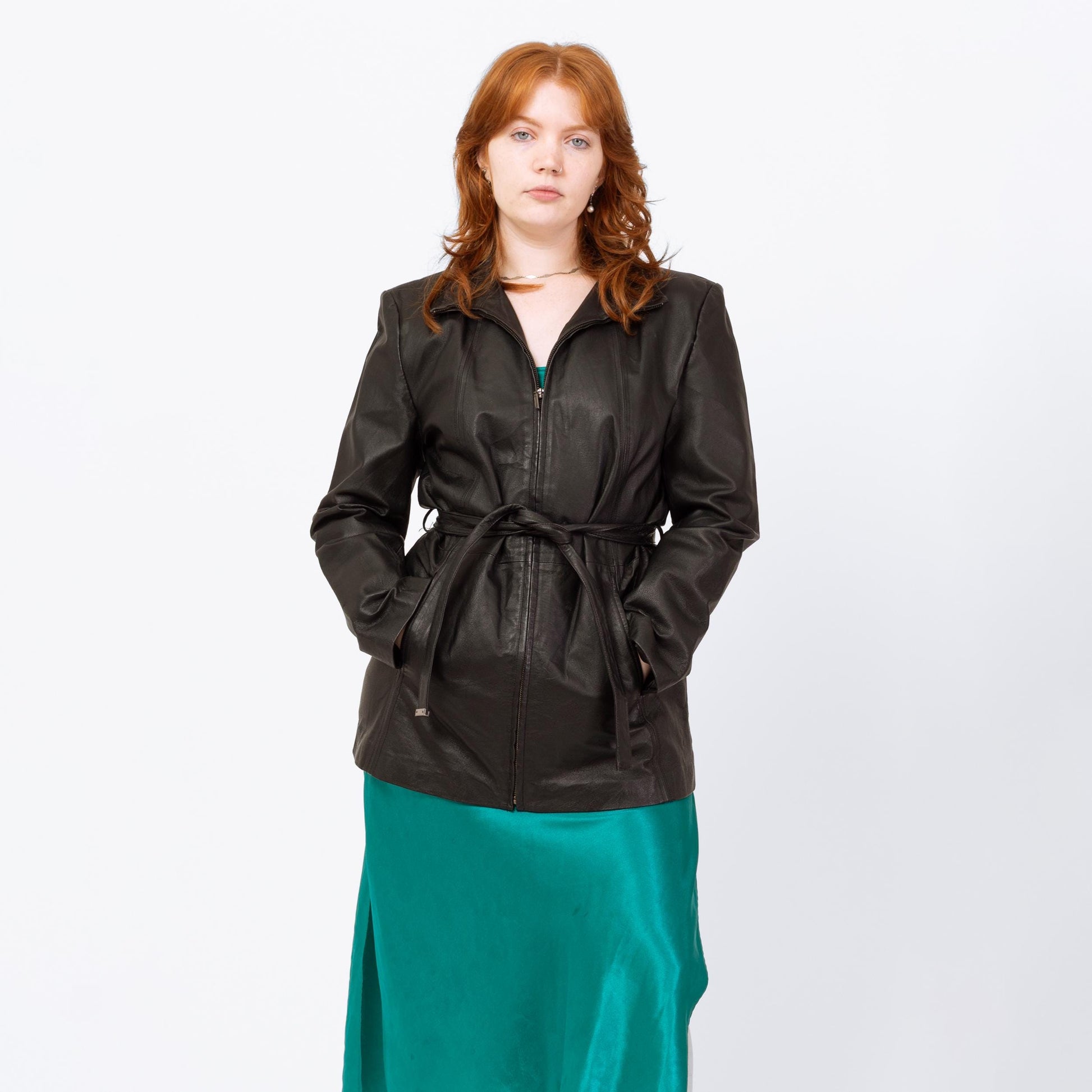 Vintage Y2K Black Leather Belted Moto Jacket - Large | Minimalist Zip Up Collared Coat