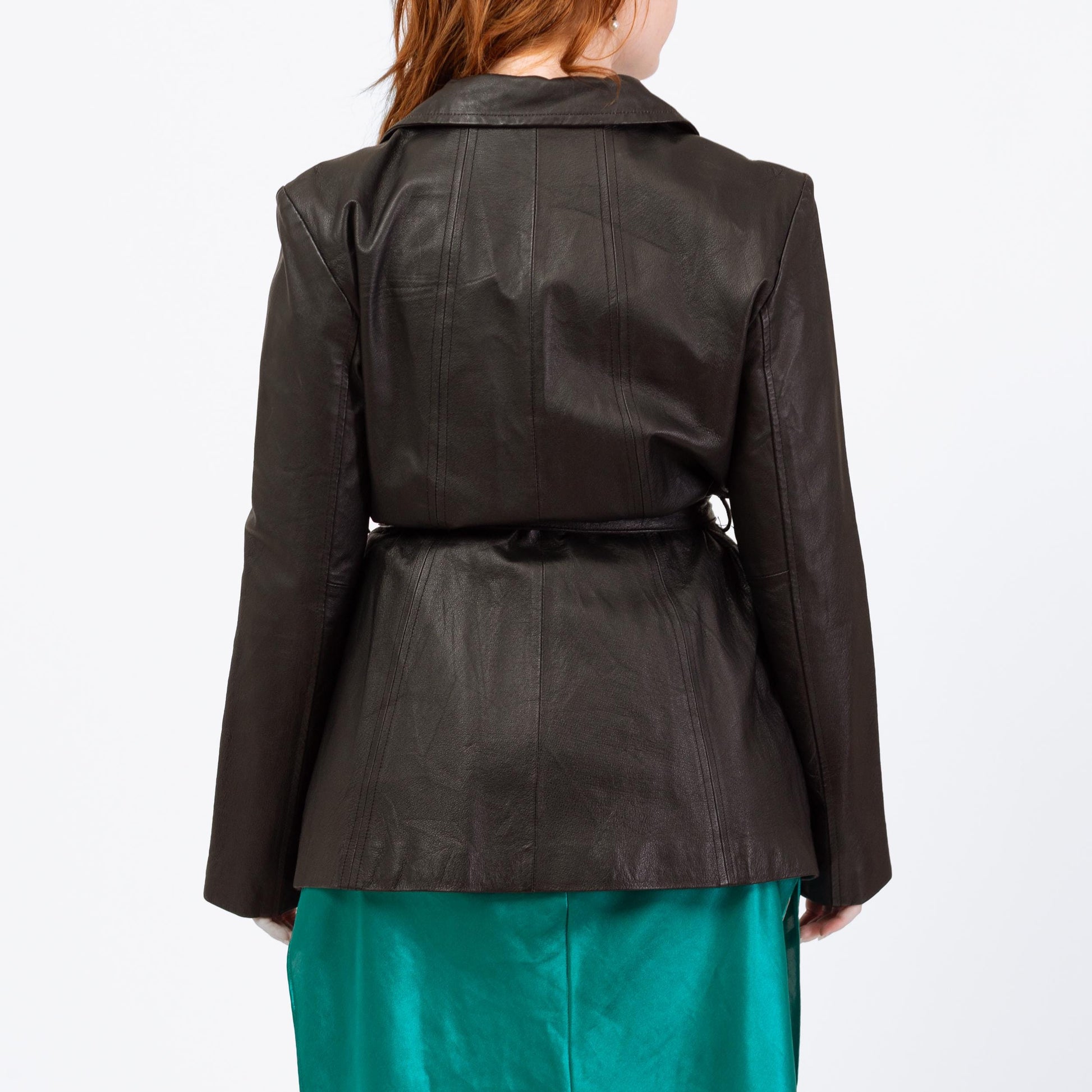 Vintage Y2K Black Leather Belted Moto Jacket - Large | Minimalist Zip Up Collared Coat