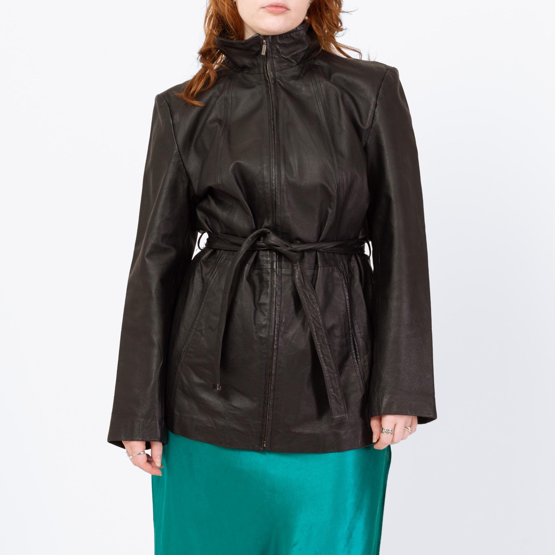 Vintage Y2K Black Leather Belted Moto Jacket - Large | Minimalist Zip Up Collared Coat