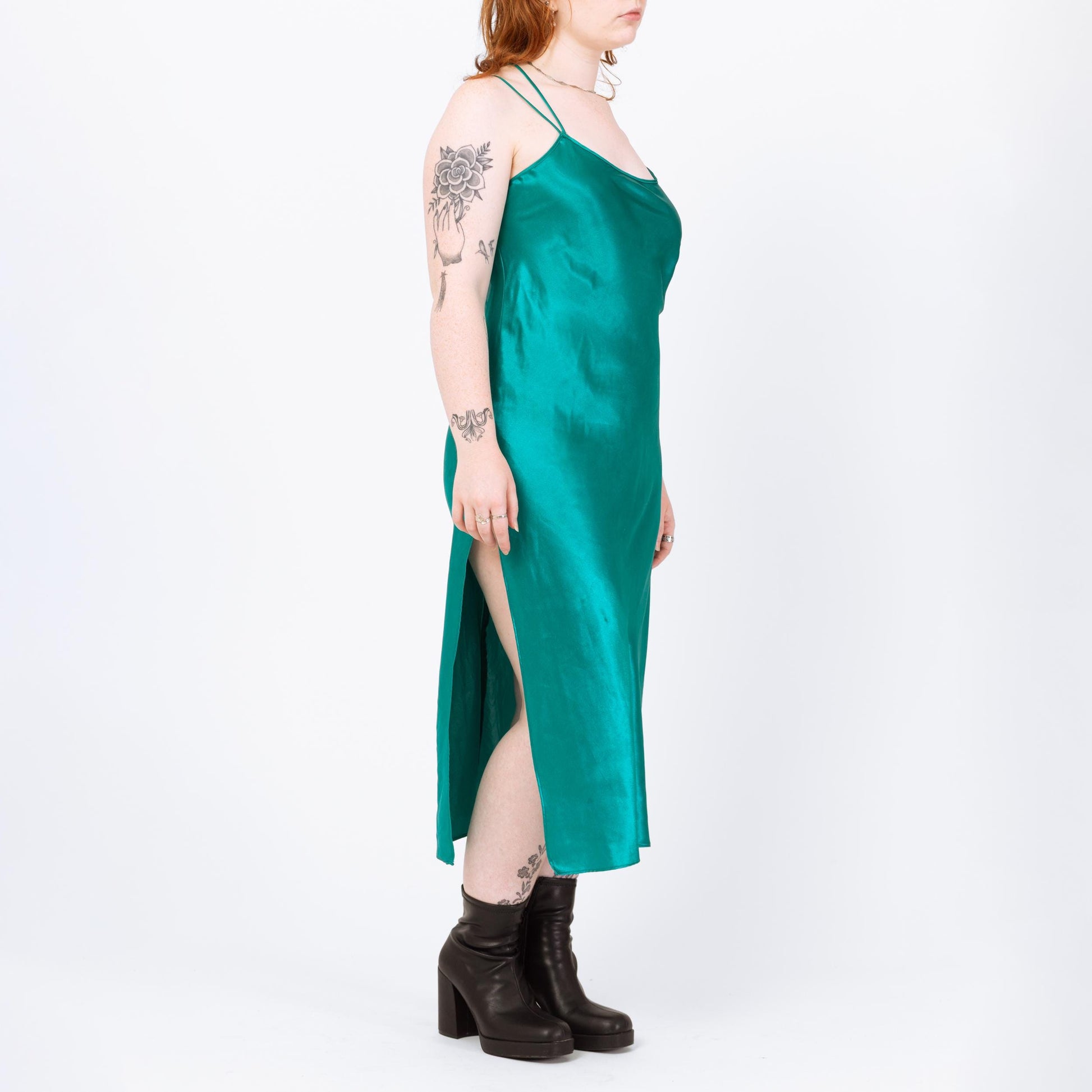 Vintage 80s Teal Satin Slip Dress - Medium | Low Back Lingerie Midi Chemise Nightie