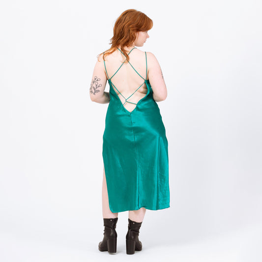 Vintage 80s Teal Satin Slip Dress - Medium | Low Back Lingerie Midi Chemise Nightie