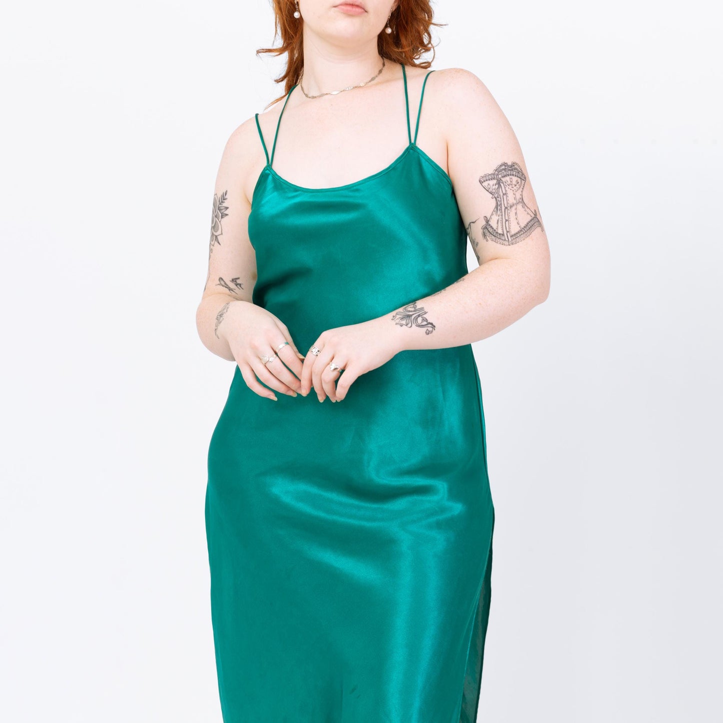 Vintage 80s Teal Satin Slip Dress - Medium | Low Back Lingerie Midi Chemise Nightie