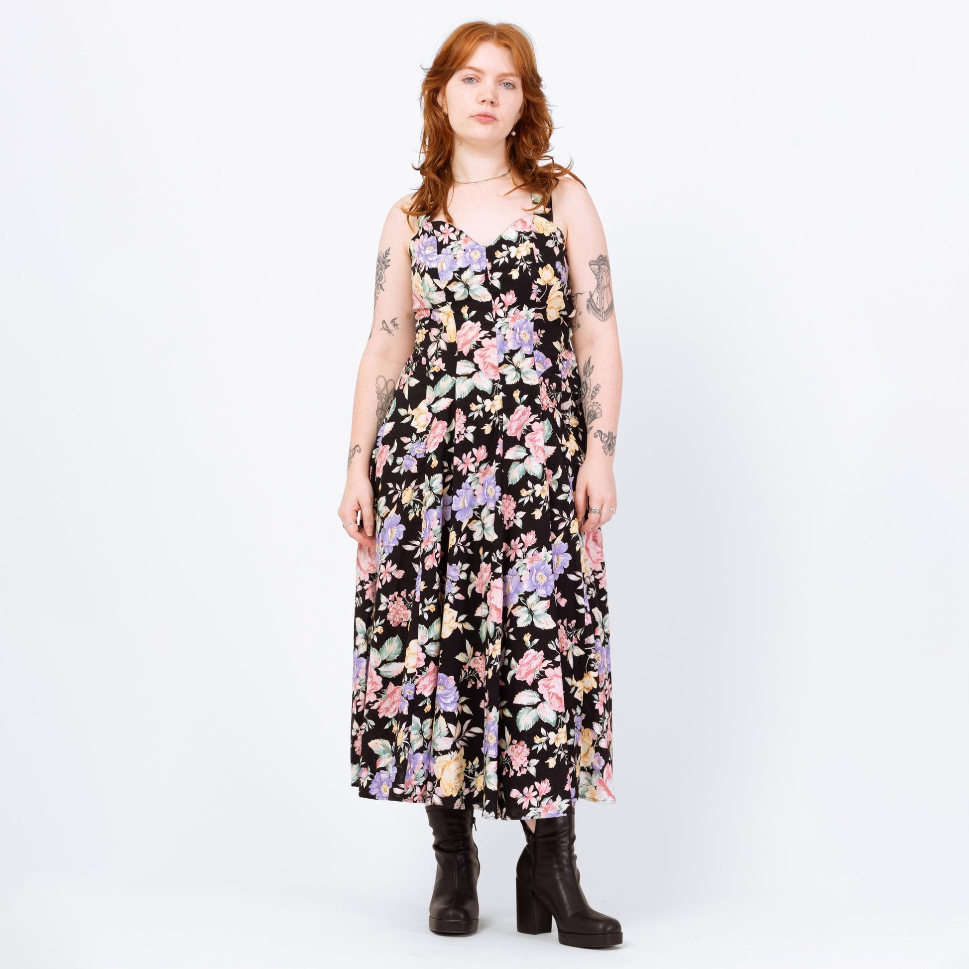 Vintage 80s Black Rose Floral Print Cross Back Sundress - Medium | Sweetheart Neck Boho Maxi Dress