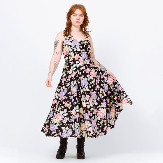 Vintage 80s Black Rose Floral Print Cross Back Sundress - Medium | Sweetheart Neck Boho Maxi Dress