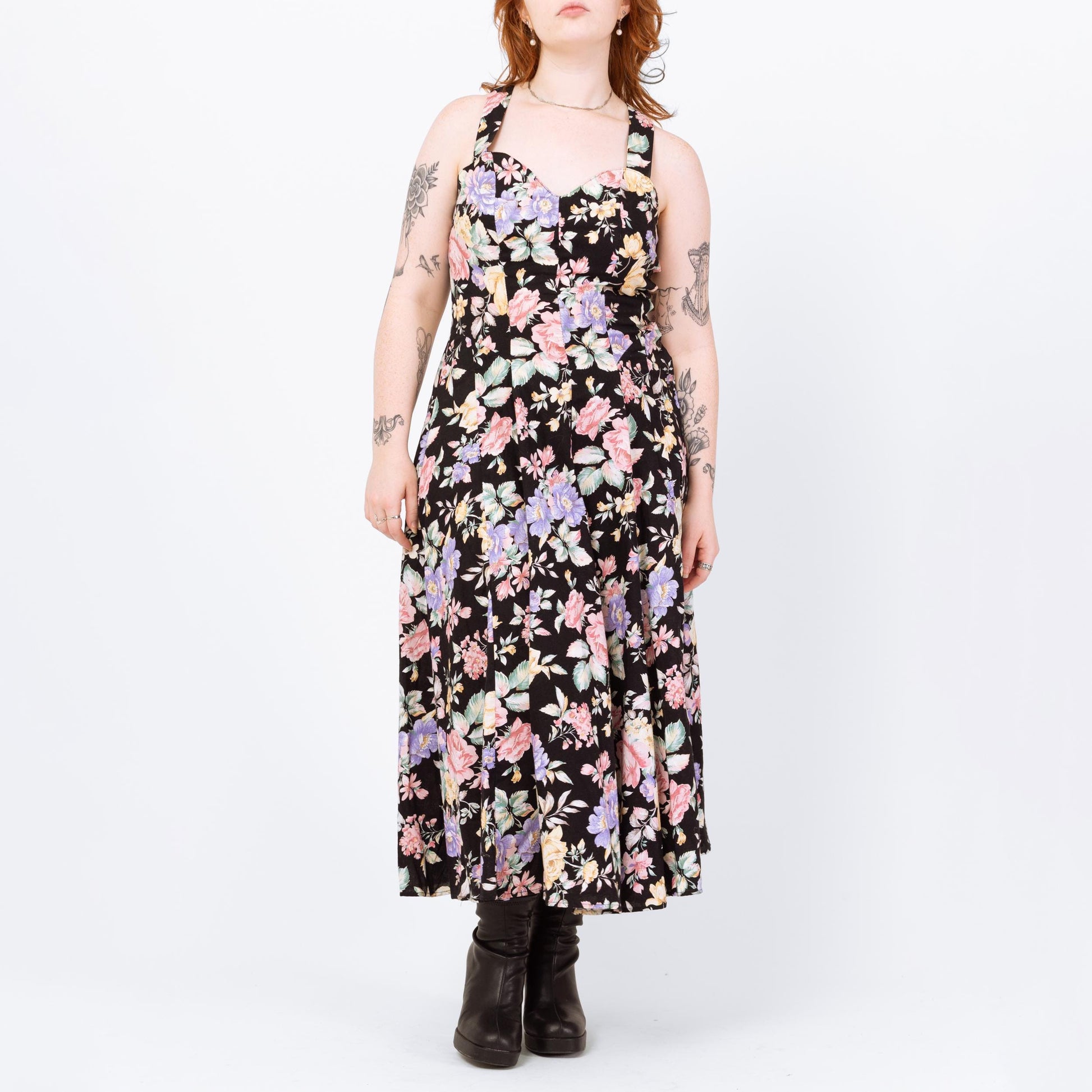 Vintage 80s Black Rose Floral Print Cross Back Sundress - Medium | Sweetheart Neck Boho Maxi Dress