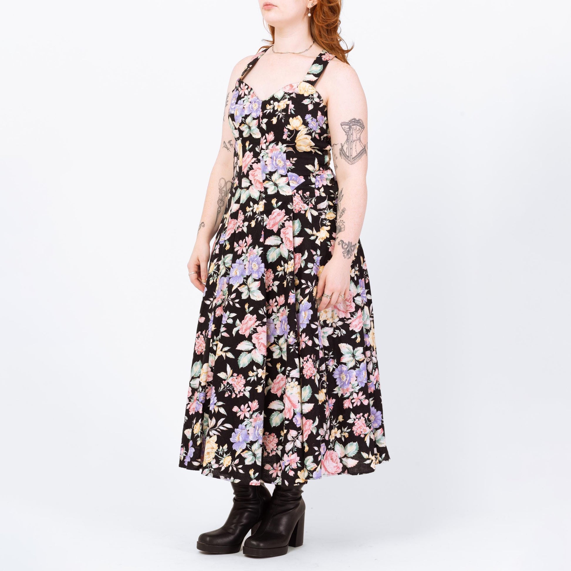 Vintage 80s Black Rose Floral Print Cross Back Sundress - Medium | Sweetheart Neck Boho Maxi Dress