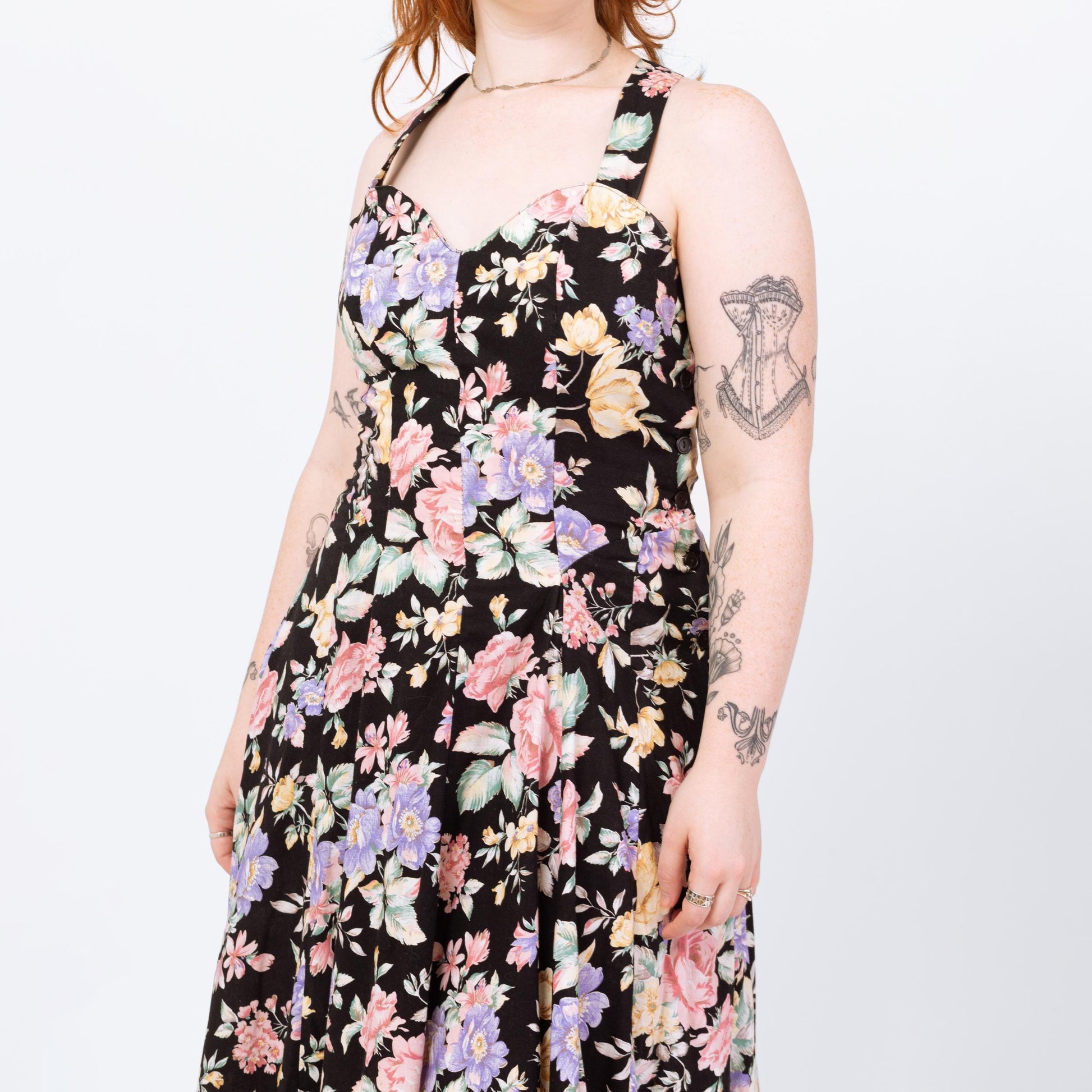 Vintage 80s Black Rose Floral Print Cross Back Sundress - Medium | Sweetheart Neck Boho Maxi Dress