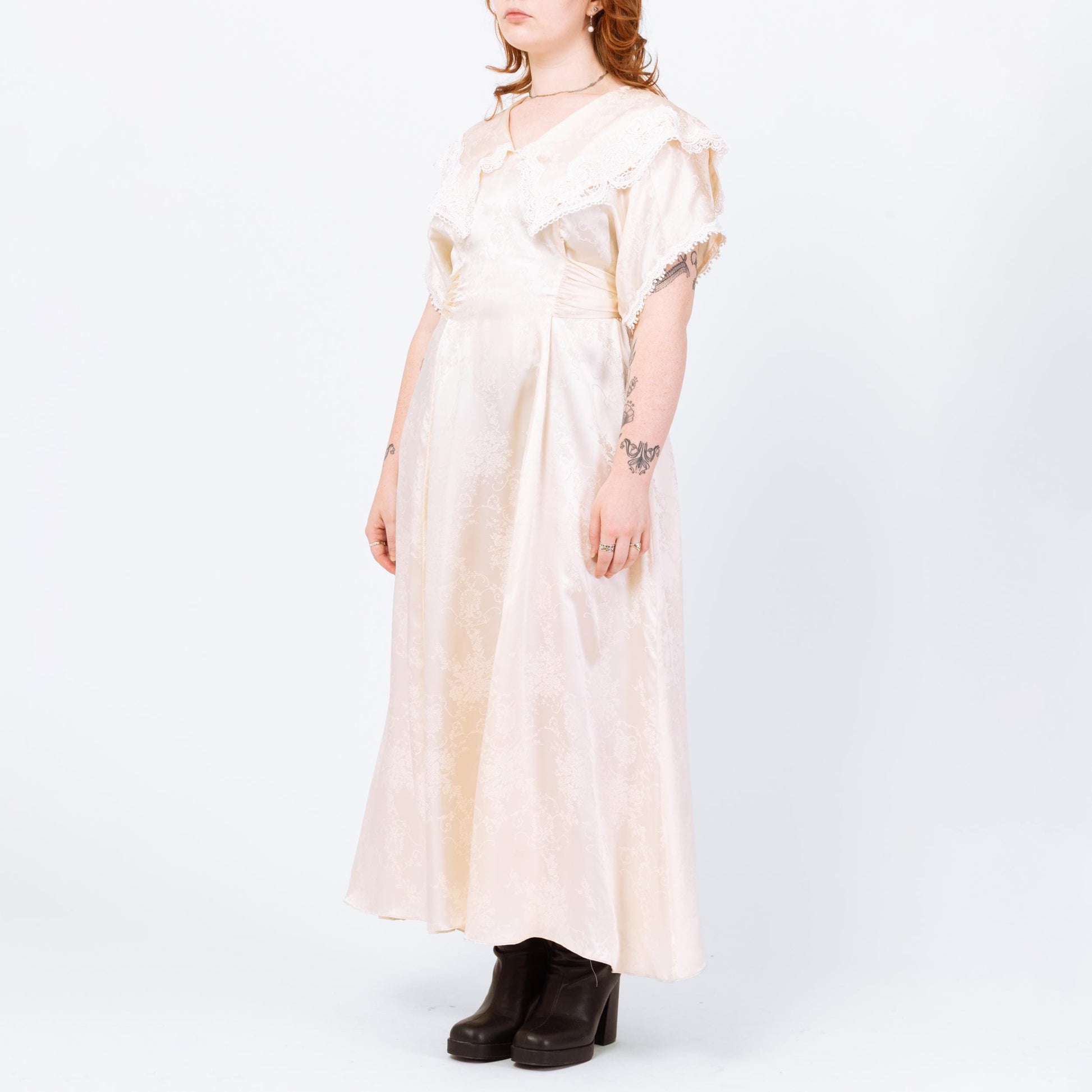 Vintage 80s Jessica McClintock Ivory Satin Sailor Collar Maxi Dress - Large | Floral Jacquard A Line Formal Gown, Wedding Dress
