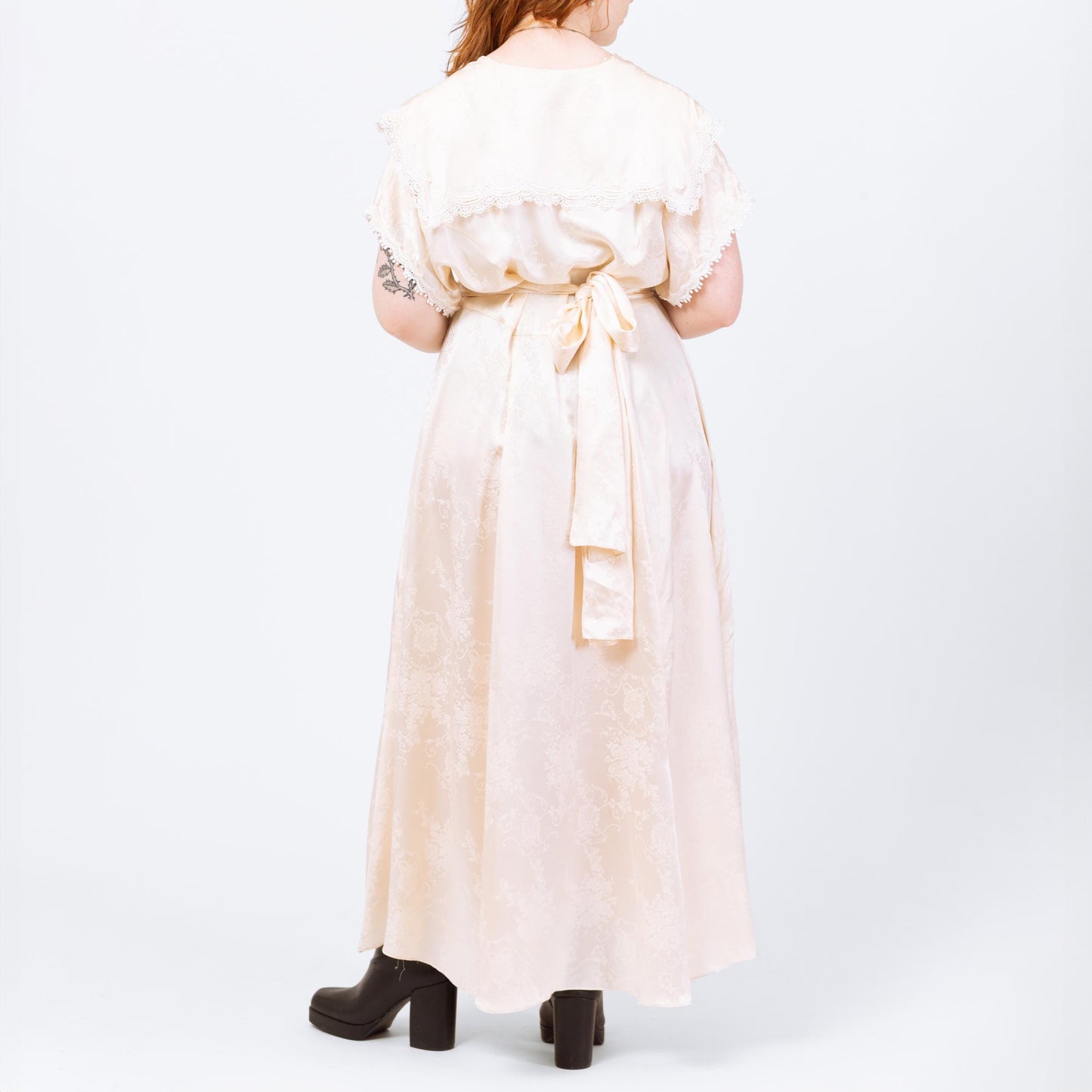 Vintage 80s Jessica McClintock Ivory Satin Sailor Collar Maxi Dress - Large | Floral Jacquard A Line Formal Gown, Wedding Dress