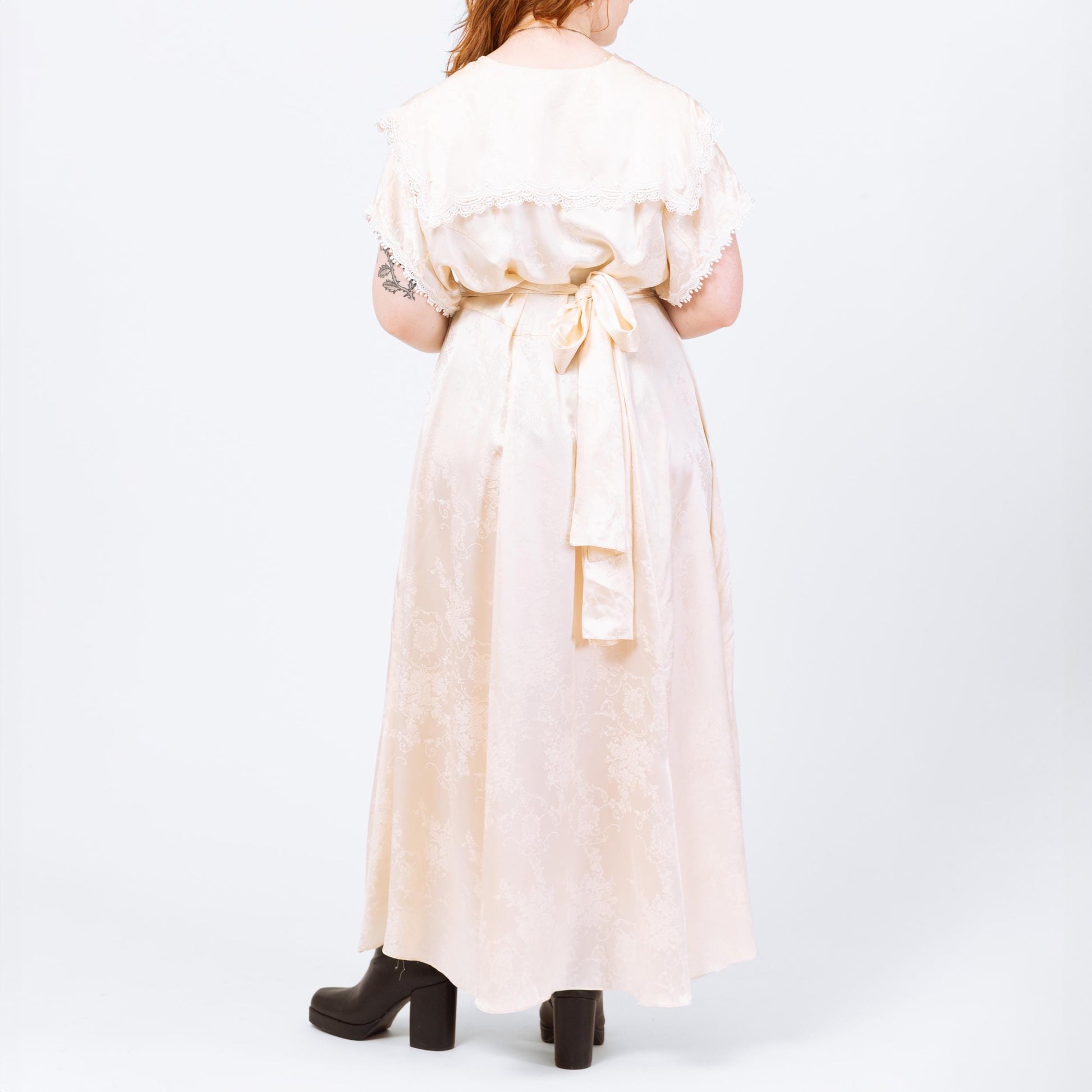 Vintage 80s Jessica McClintock Ivory Satin Sailor Collar Maxi Dress - Large | Floral Jacquard A Line Formal Gown, Wedding Dress
