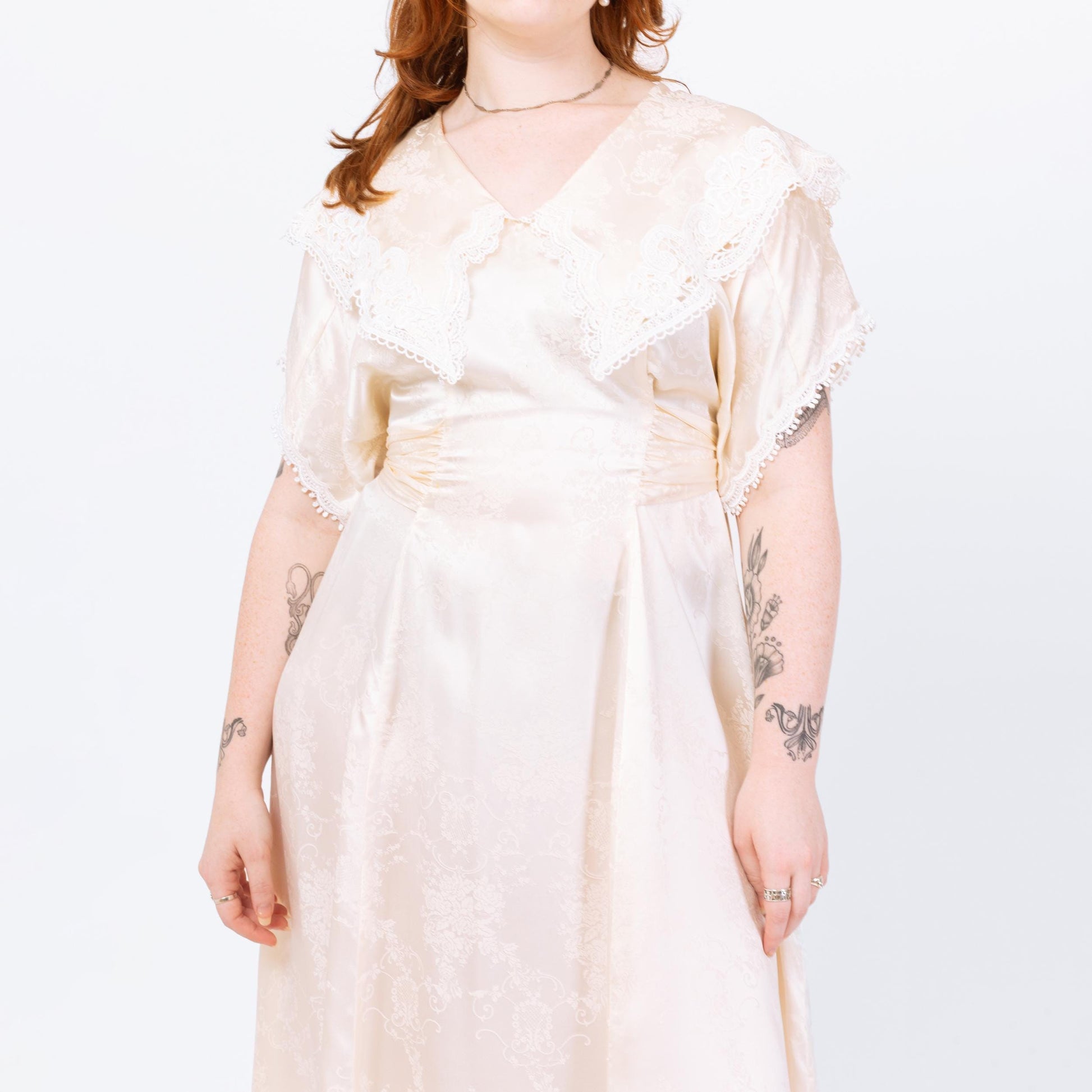 Vintage 80s Jessica McClintock Ivory Satin Sailor Collar Maxi Dress - Large | Floral Jacquard A Line Formal Gown, Wedding Dress