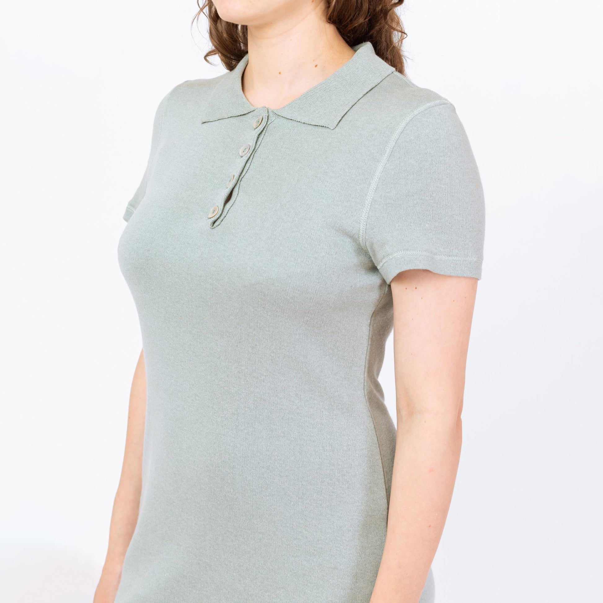 Vintage 90s Mint Green Knit Polo Mini Dress - Medium | Preppy Minimalist Collared Short Sleeve Sweater Dress