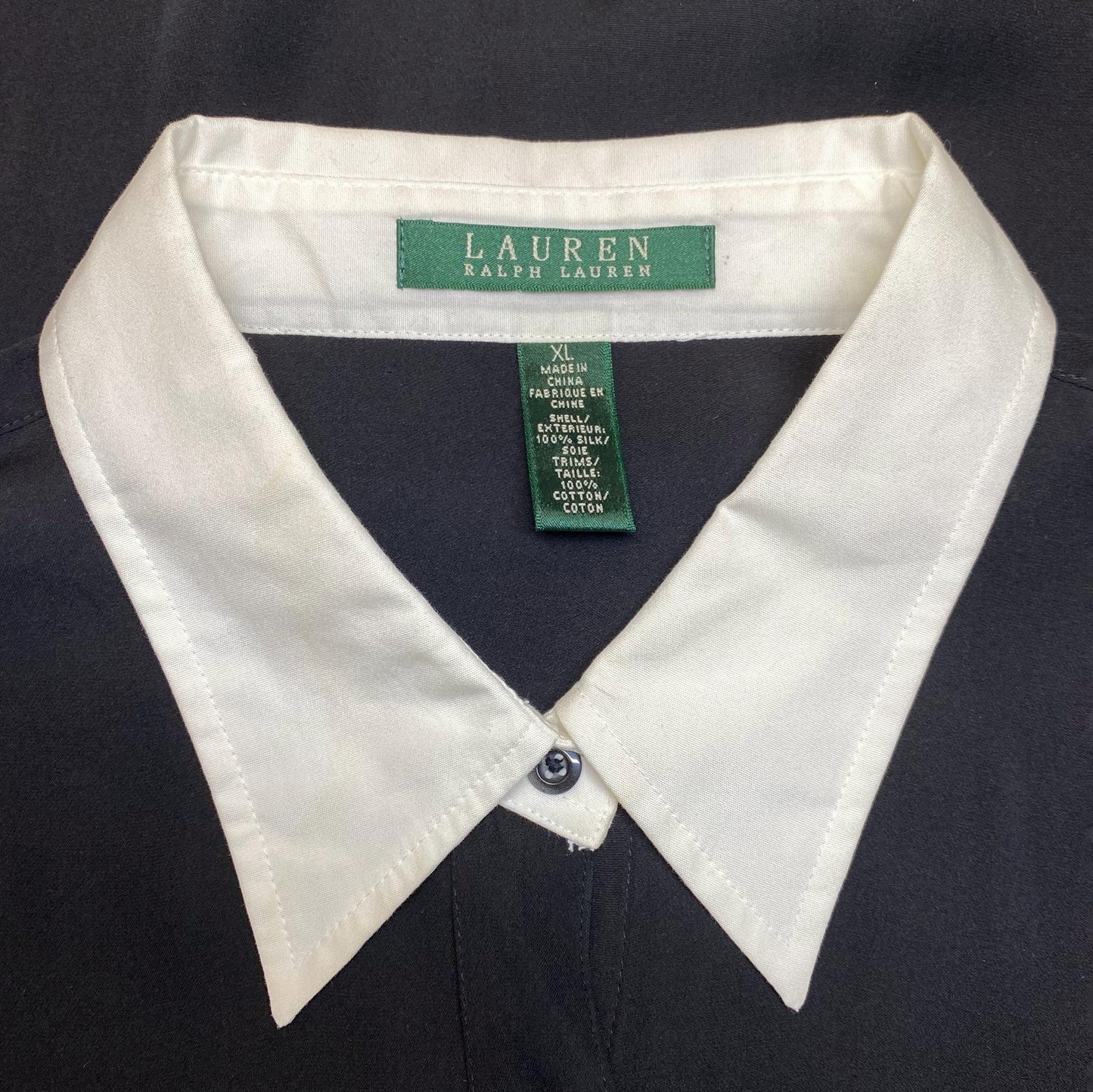 Vintage 90s Ralph Lauren Wednesday Addams Silk Blouse - Extra Large | Black White Trim Gothic Long Sleeve Top