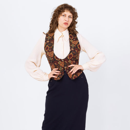Vintage 90s Floral Tapestry Scoop Neck Vest - Medium | Boho Sleeveless Button Up Renaissance Bodice Waistcoat Top