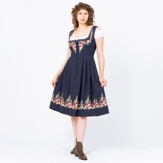 Vintage 70s Navy Floral Embroidered Dirndl Midi Dress - Medium to Large | Boho Octoberfest Austrian Folk Trachten Fit & Flare Dress