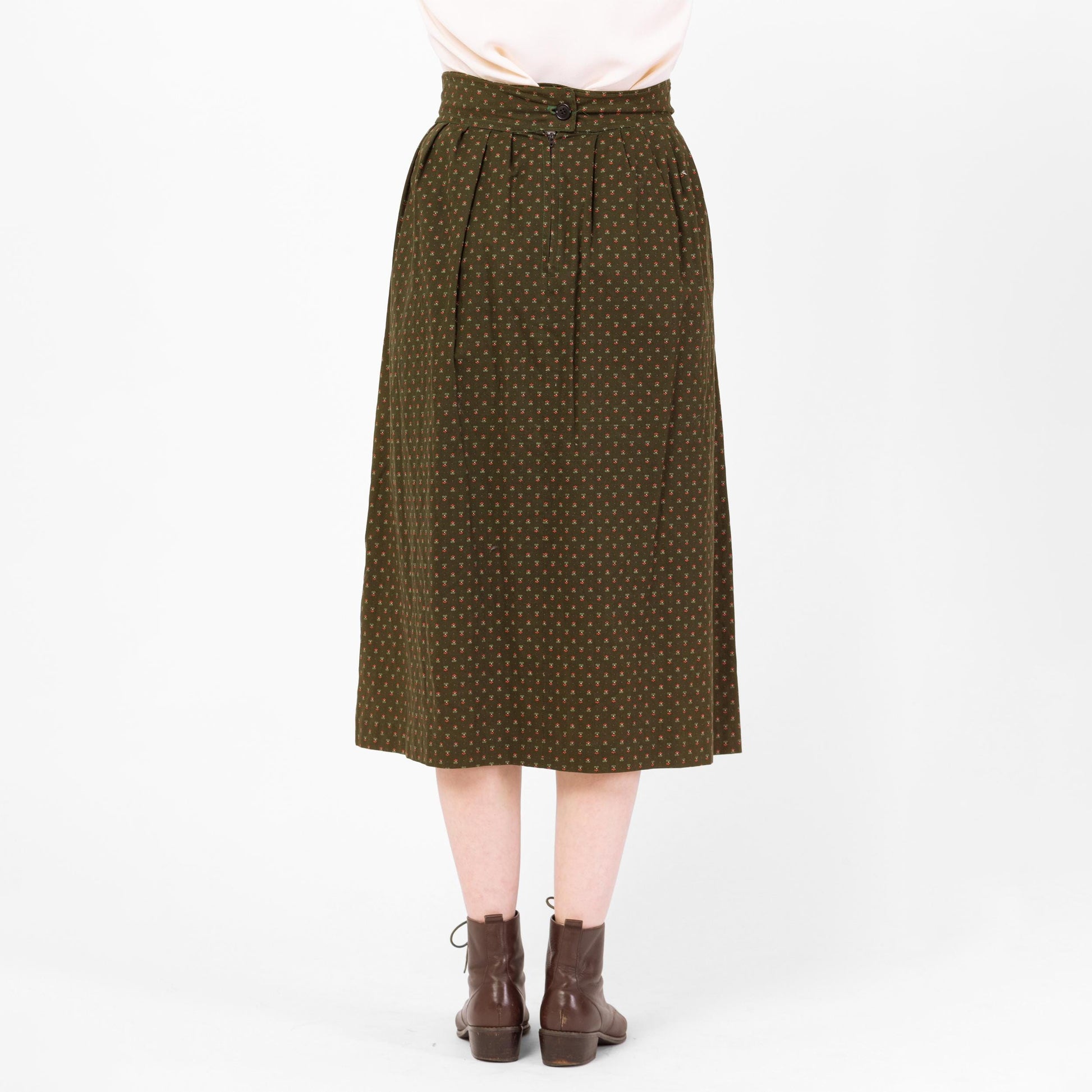 Vintage 70s Green Floral Dirndl Skirt - Medium, 29" Waist | Oktoberfest Austrian Trachten Boho Calico Folk Midi Skirt