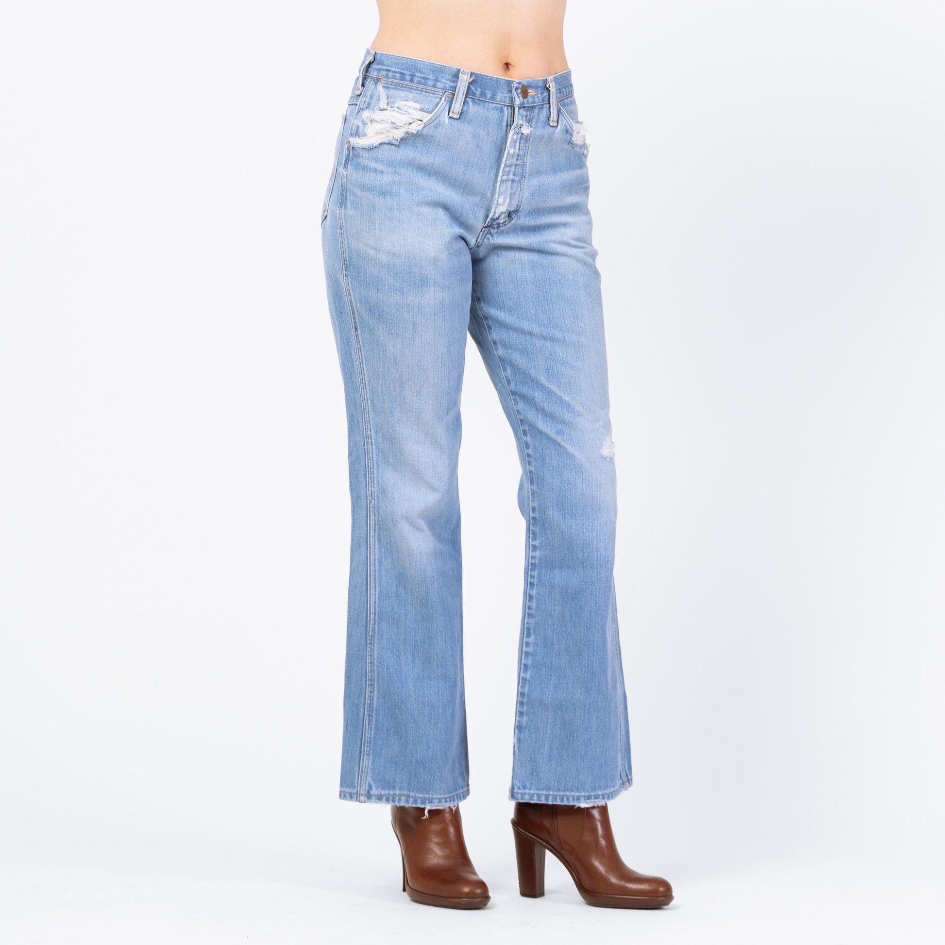 Vintage 70s Wrangler Flared Unisex Jeans - 31x30 | Light Wash Distressed Denim High Waisted Bootcut Jeans