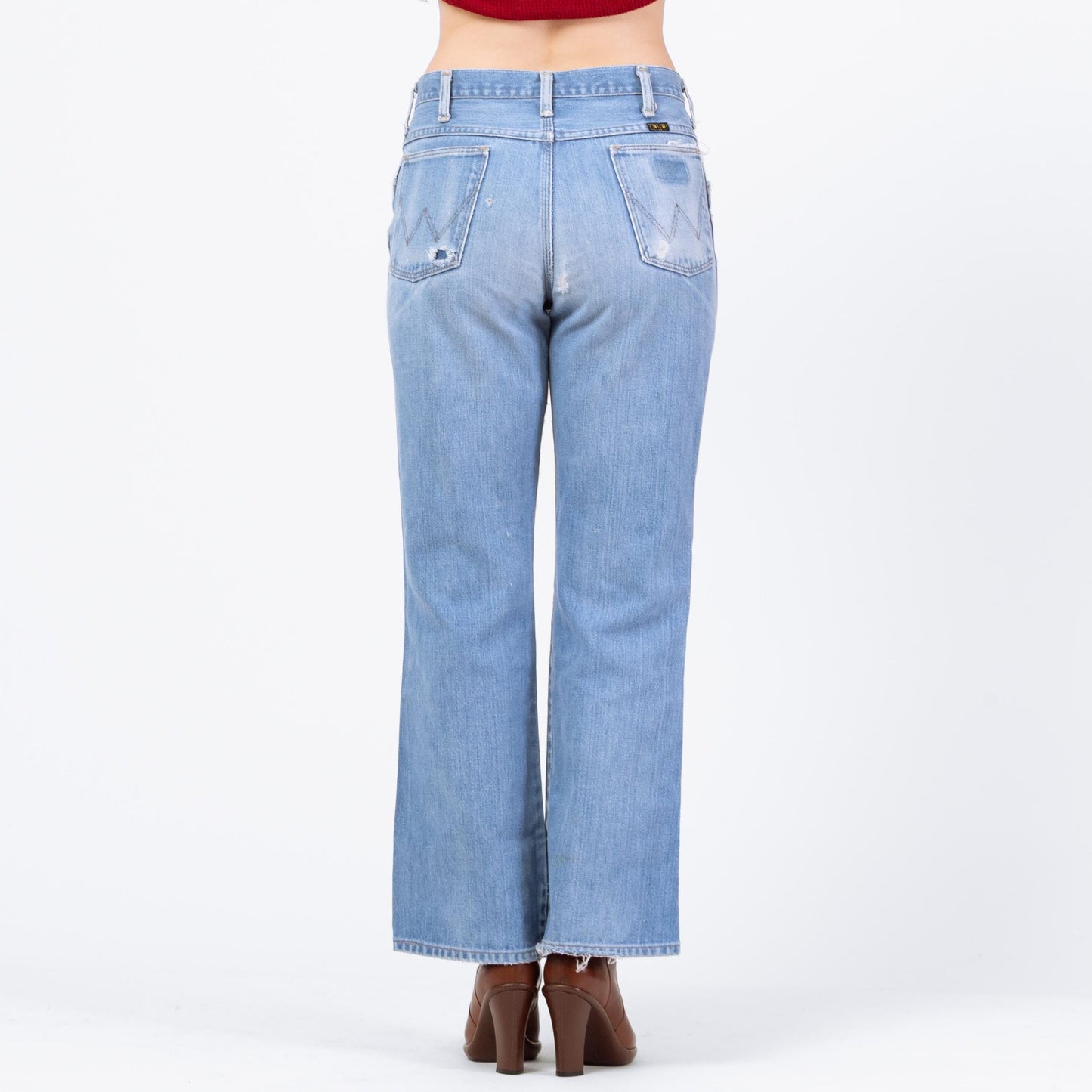 Vintage 70s Wrangler Flared Unisex Jeans - 31x30 | Light Wash Distressed Denim High Waisted Bootcut Jeans