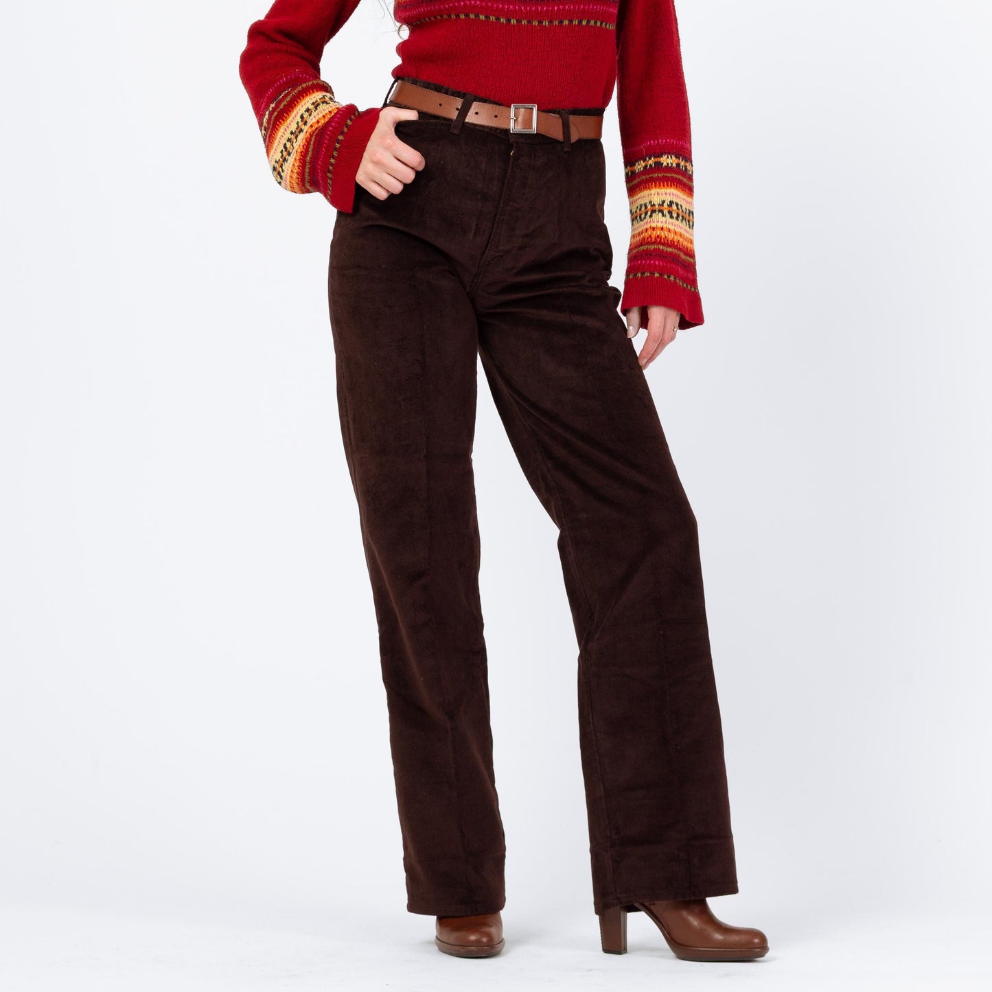 Vintage 70s Chic By H.I.S. Brown Velvet High Waist Pants, Deadstock - Medium | Straight Leg High Waist Trousers