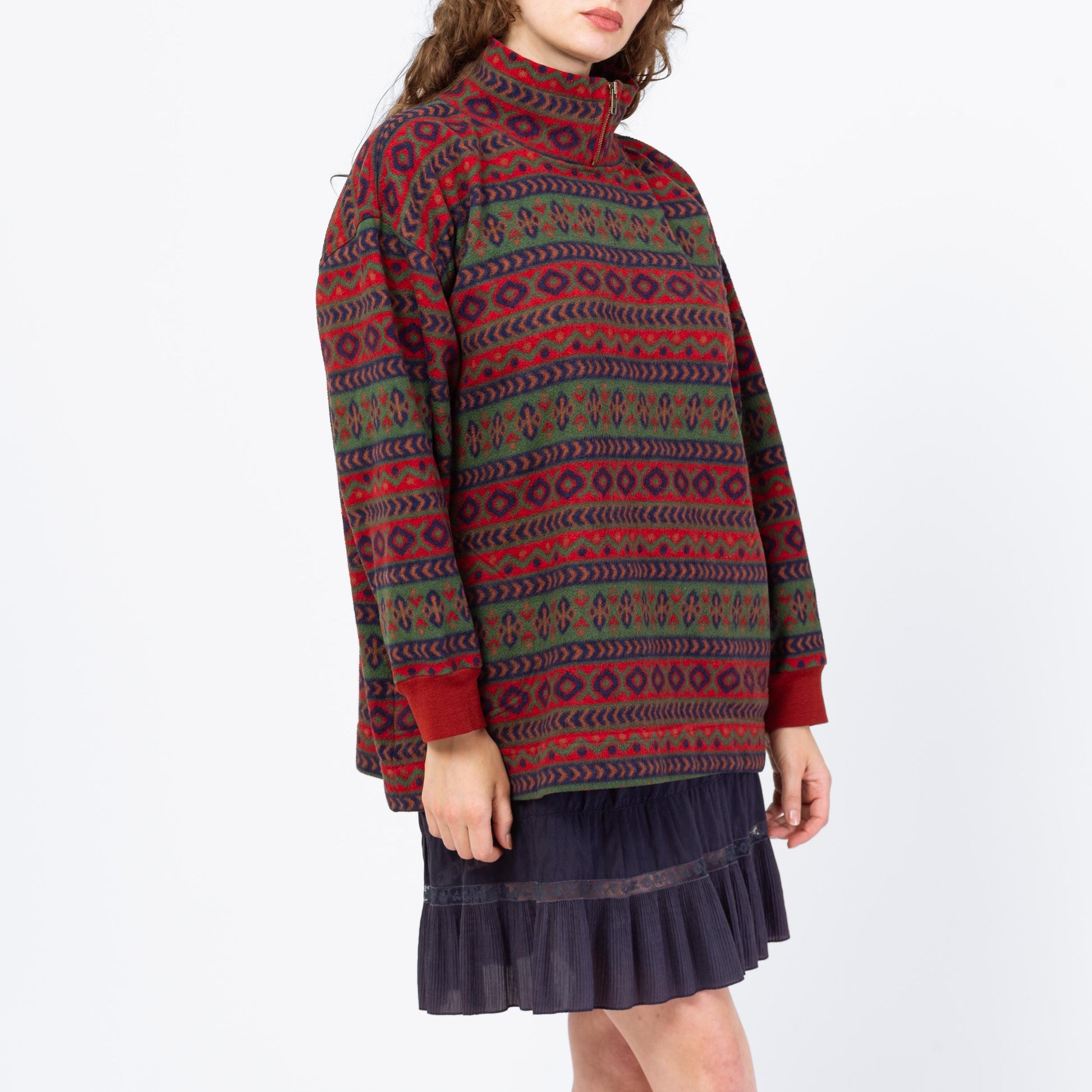 Vintage 80s Striped Geometric Fleece Quarter Zip Sweatshirt - Medium | Oversize Mockneck Pullover Sweater