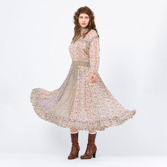 Vintage 80s Diane Freis Boho Floral Designer Dress - Large | Georgette Crepe Long Sleeve Patchwork Shirred Waist Midi Dress