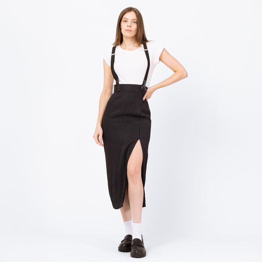 Vintage 90s Black Pinstriped Pinafore Suspender Dress - Extra Small | Alt Punk High Thigh Slit Midi Maxi Skirt, Office Dress