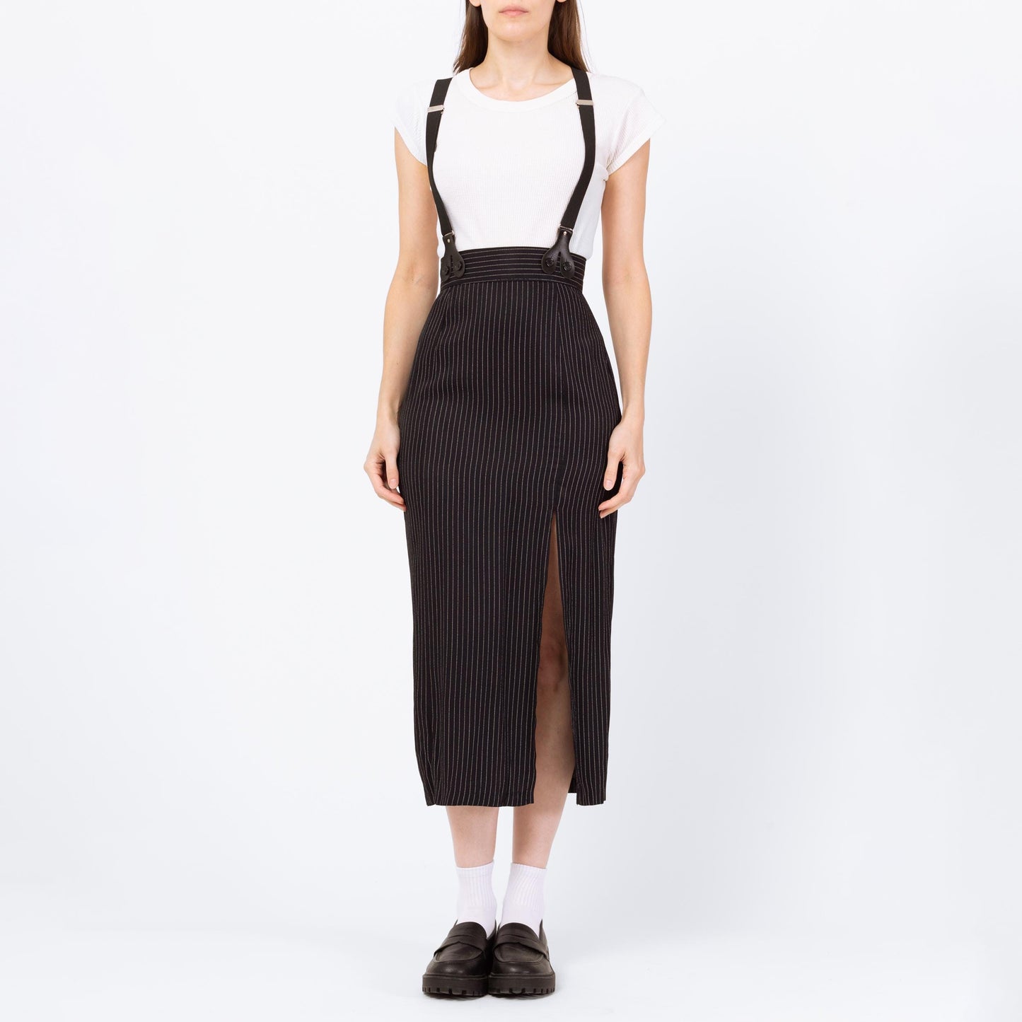 Vintage 90s Black Pinstriped Pinafore Suspender Dress - Extra Small | Alt Punk High Thigh Slit Midi Maxi Skirt, Office Dress