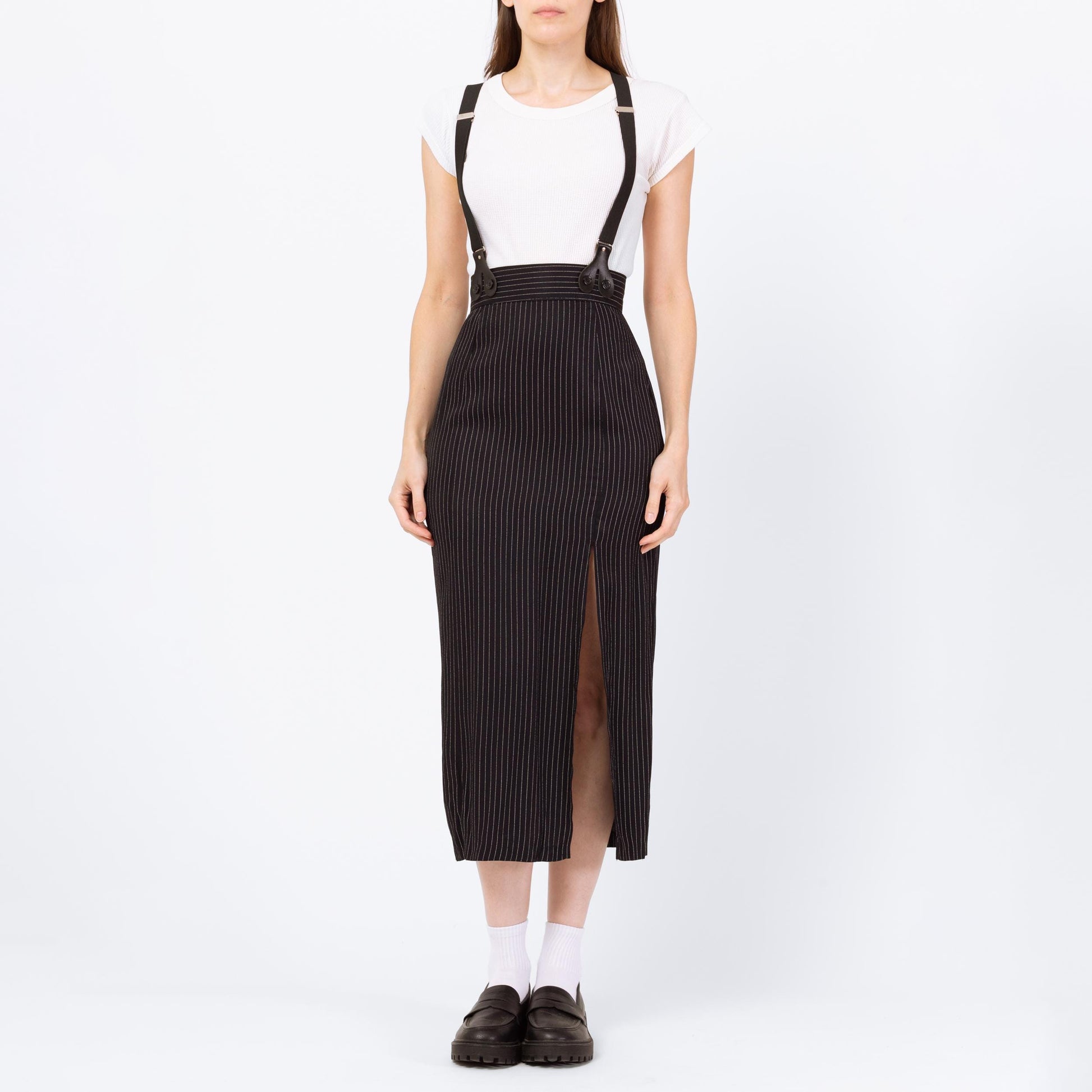 Vintage 90s Black Pinstriped Pinafore Suspender Dress - Extra Small | Alt Punk High Thigh Slit Midi Maxi Skirt, Office Dress