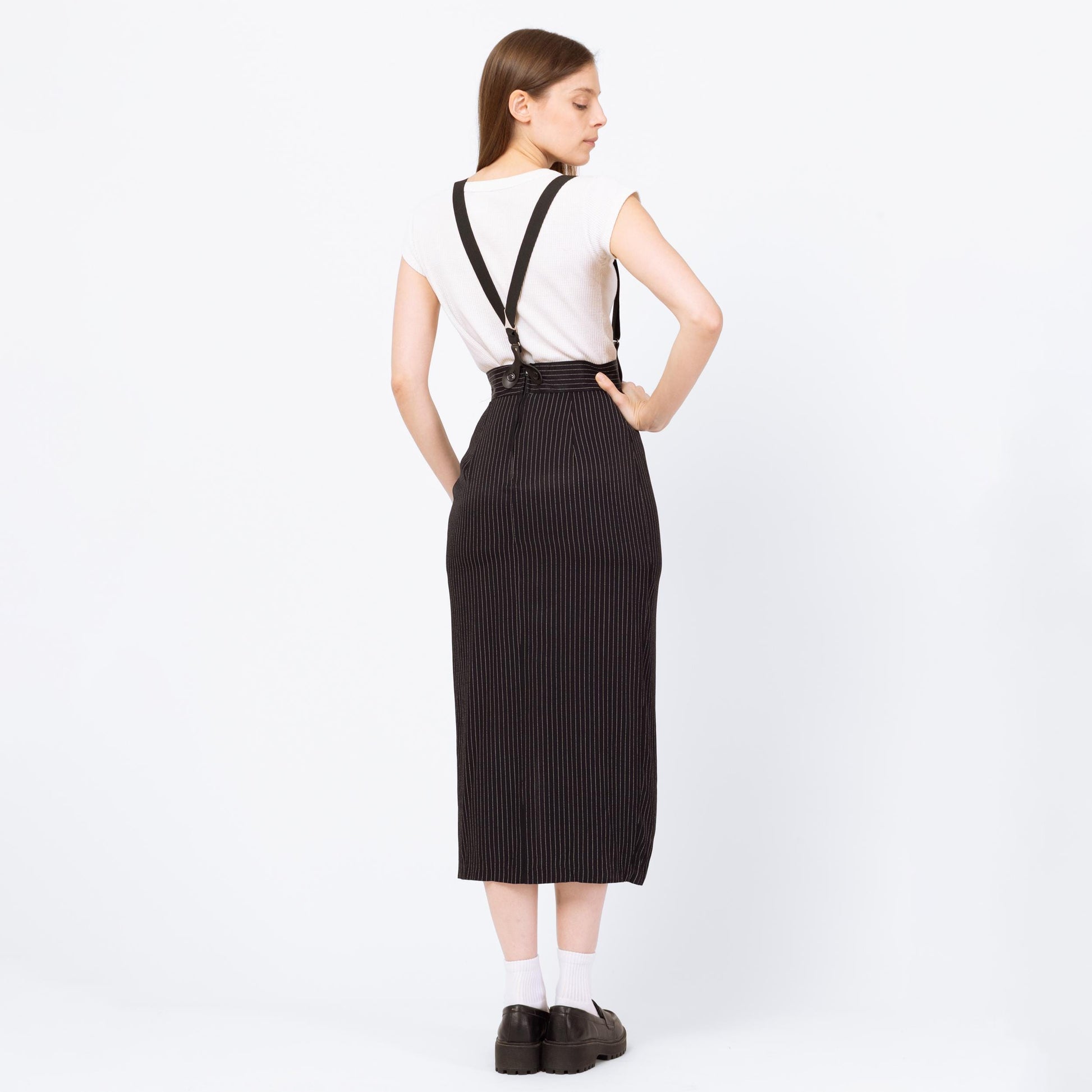 Vintage 90s Black Pinstriped Pinafore Suspender Dress - Extra Small | Alt Punk High Thigh Slit Midi Maxi Skirt, Office Dress