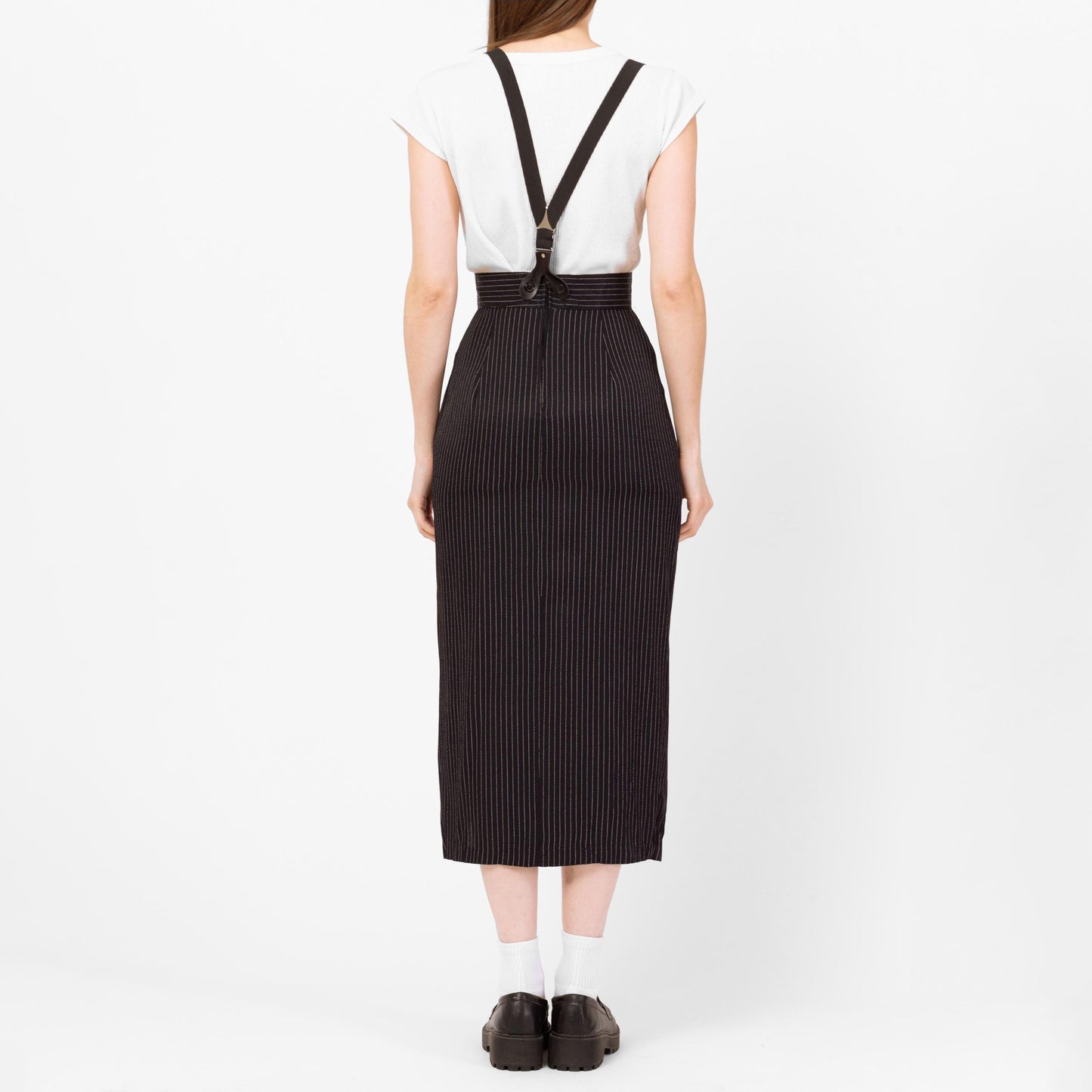Vintage 90s Black Pinstriped Pinafore Suspender Dress - Extra Small | Alt Punk High Thigh Slit Midi Maxi Skirt, Office Dress