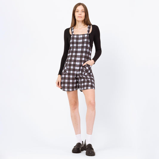 Vintage 90s Black & White Plaid Overall Romper - Petite Extra Small | Punk Playsuit, Gothic Outfit