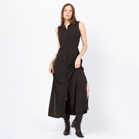 Vintage 90s Black Pinstriped Drawstring Waist Maxi Dress - Small | Linen Blend Minimalist Sleeveless Collared Button Up Dress