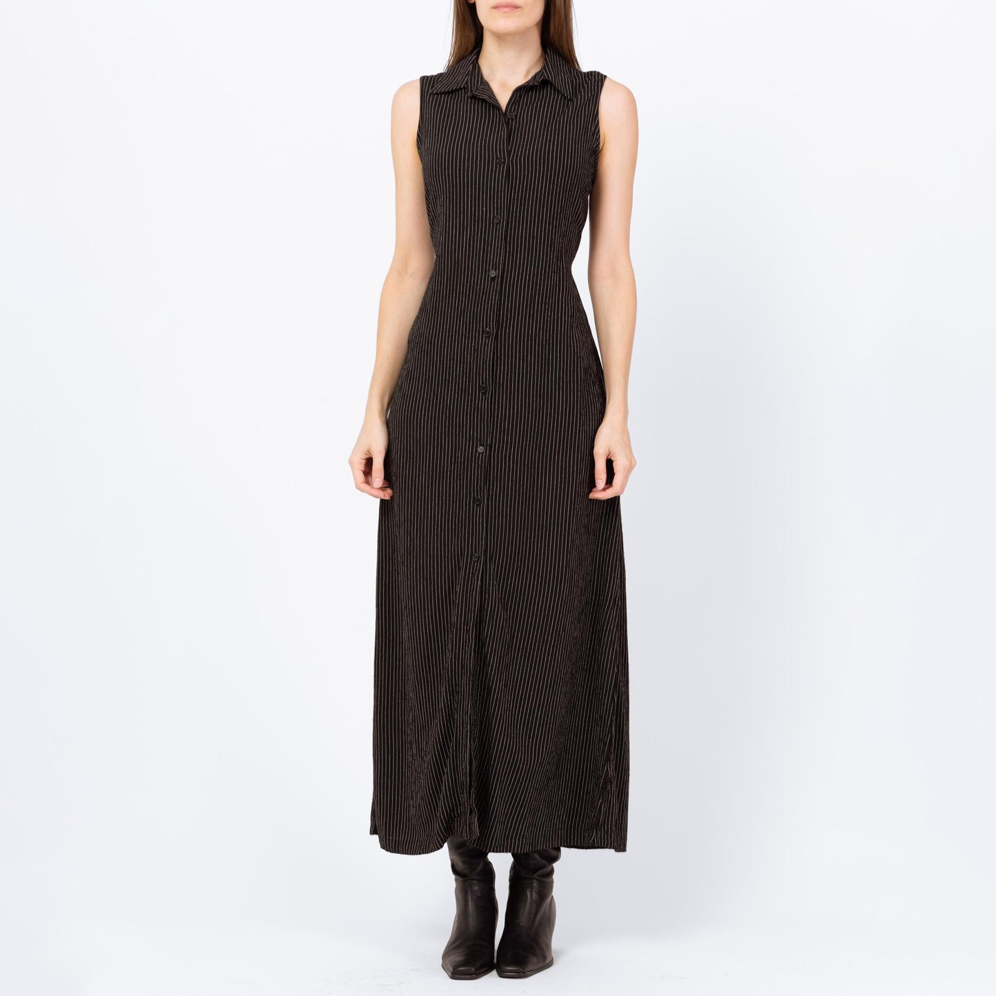Vintage 90s Black Pinstriped Drawstring Waist Maxi Dress - Small | Linen Blend Minimalist Sleeveless Collared Button Up Dress