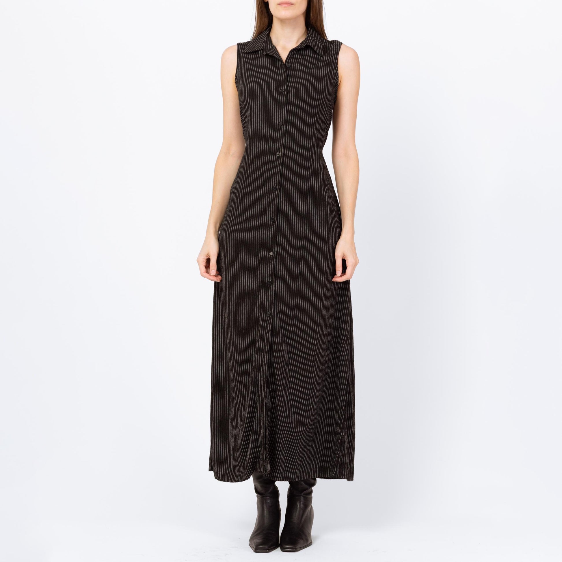 Vintage 90s Black Pinstriped Drawstring Waist Maxi Dress - Small | Linen Blend Minimalist Sleeveless Collared Button Up Dress